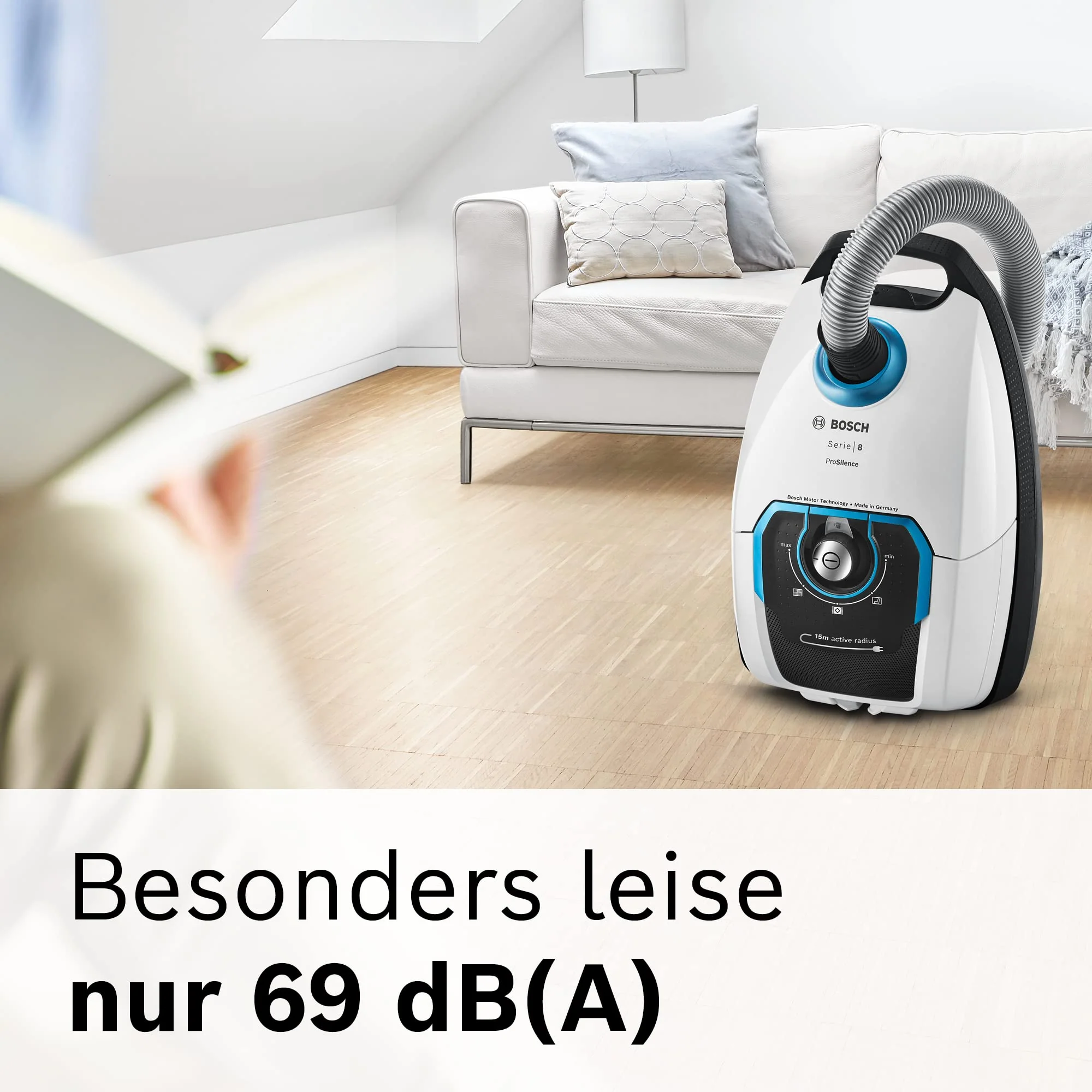 Bosch Staubsauger mit Beutel ProSilence Serie 8 BGB75XSIL, Bodenstaubsauger, ideal für Allergiker, Hygiene-Filter, 10 Jahre Motorgarantie, Hartbodendüse, langes Kabel, Made in Germany, 650 W, weiß - Image 8