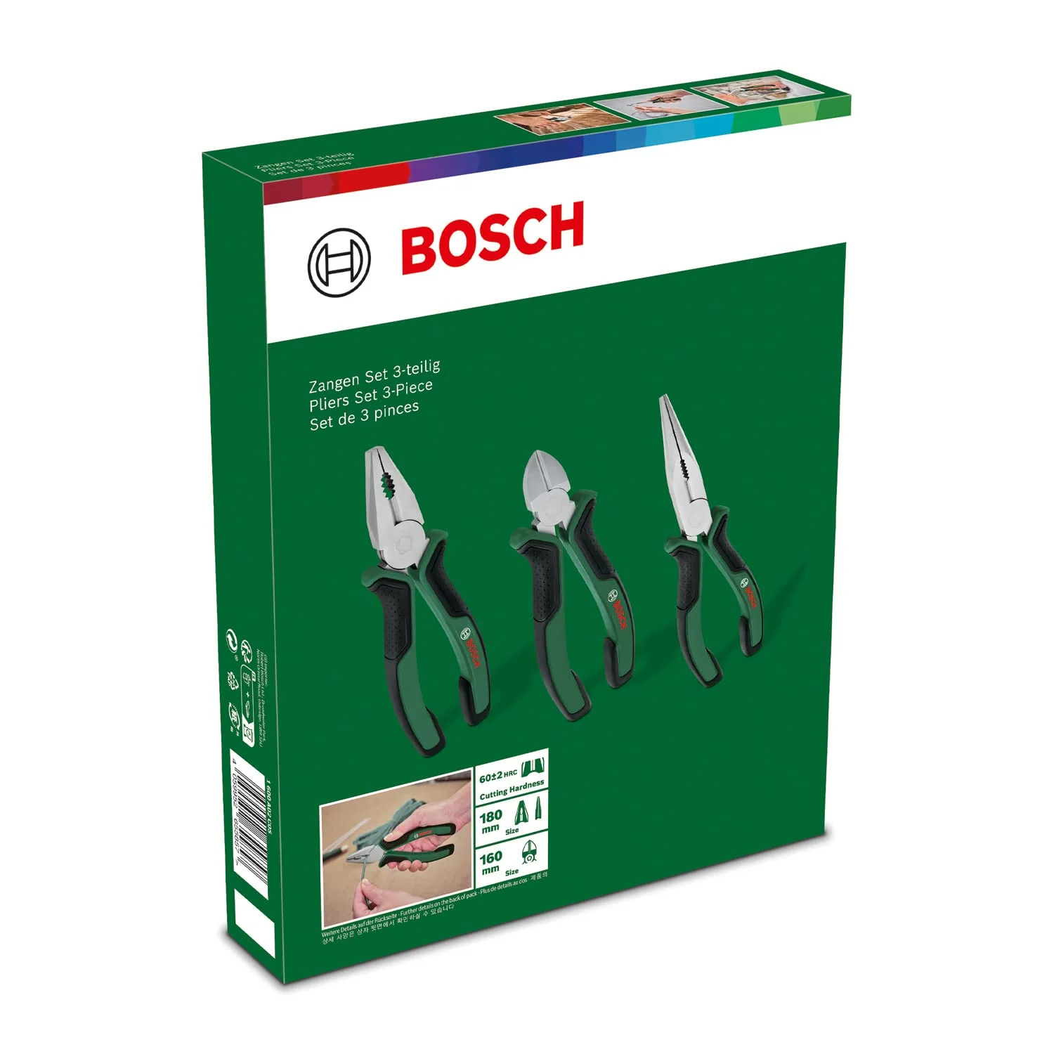 Bosch Zangen-Set, 3-teilig (hochwertige, präzise, langlebige Kombizange, Diagonal-Seitenschneider und Spitzzange für anspruchsvolle Aufgaben; matte Chrom-Nickel-Beschichtung) - Amazon Edition