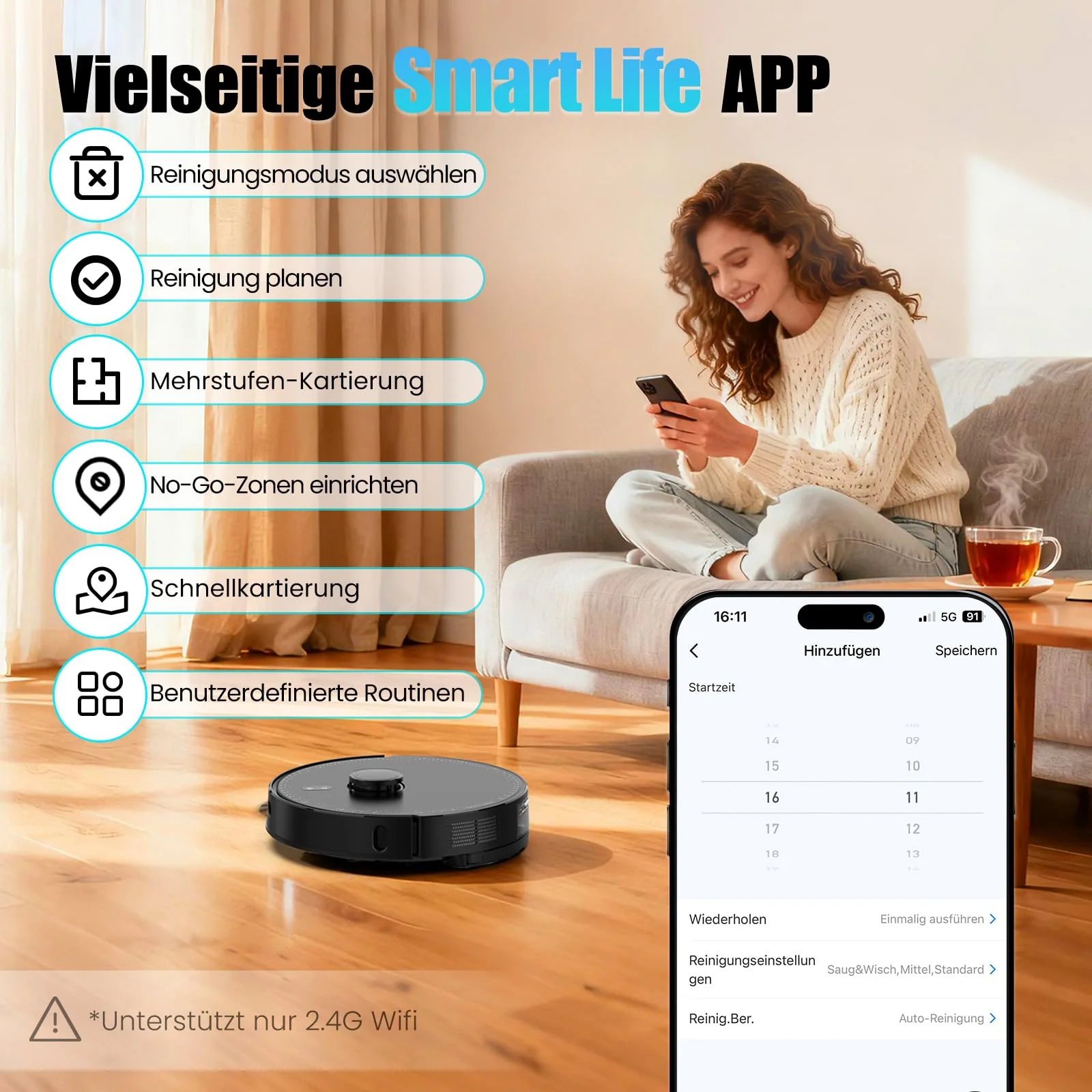 BOTLUXE Saugroboter mit Wischfunktion, Staubsauger Roboter mit Absaugstation 3.5L, 8000Pa Saugkraft, LiDAR Navigation, E10+ Saug und Wischroboter für Tierhaare Teppich Böden, APP Steuerung - Image 3