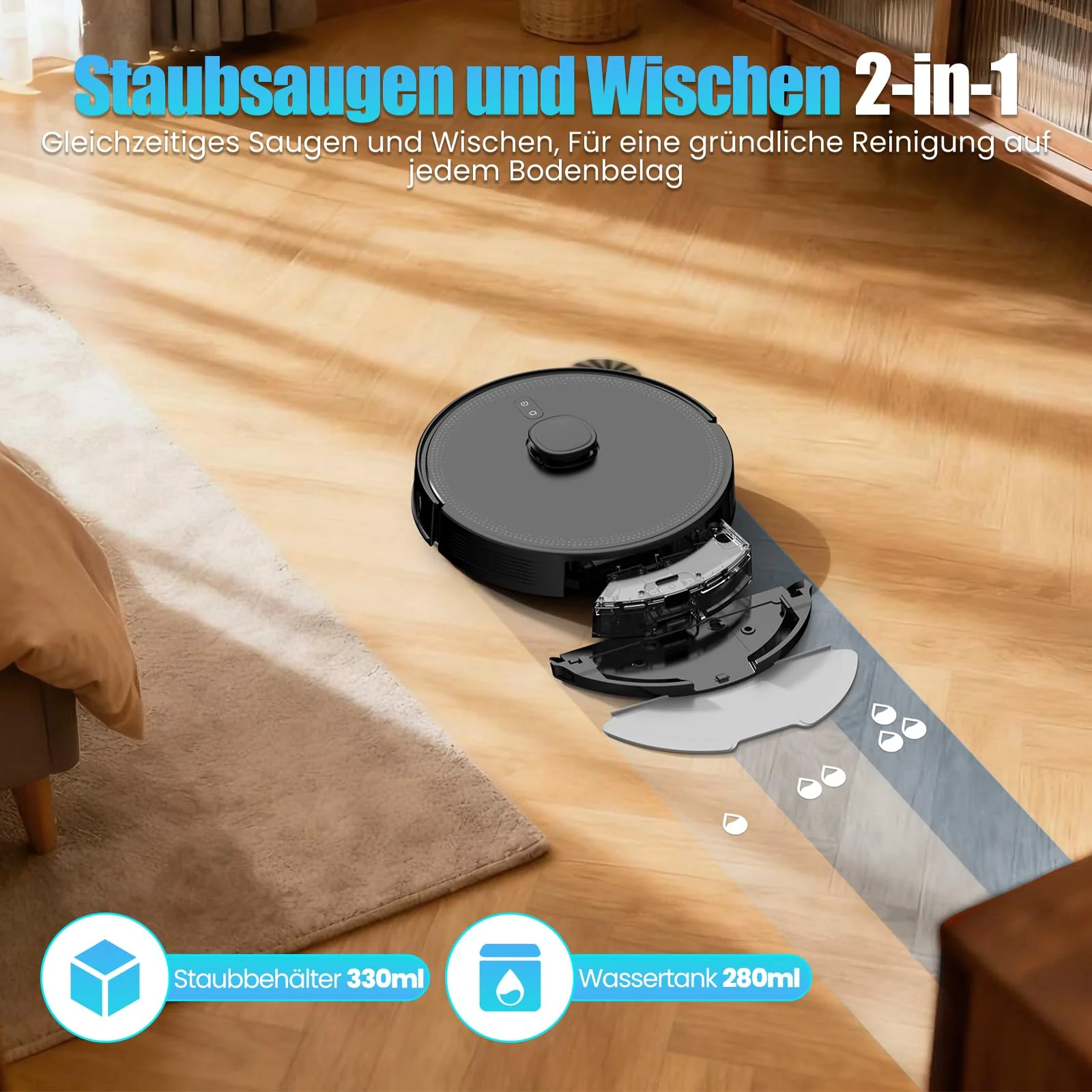 BOTLUXE Saugroboter mit Wischfunktion, Staubsauger Roboter mit Absaugstation 3.5L, 8000Pa Saugkraft, LiDAR Navigation, E10+ Saug und Wischroboter für Tierhaare Teppich Böden, APP Steuerung - Image 6