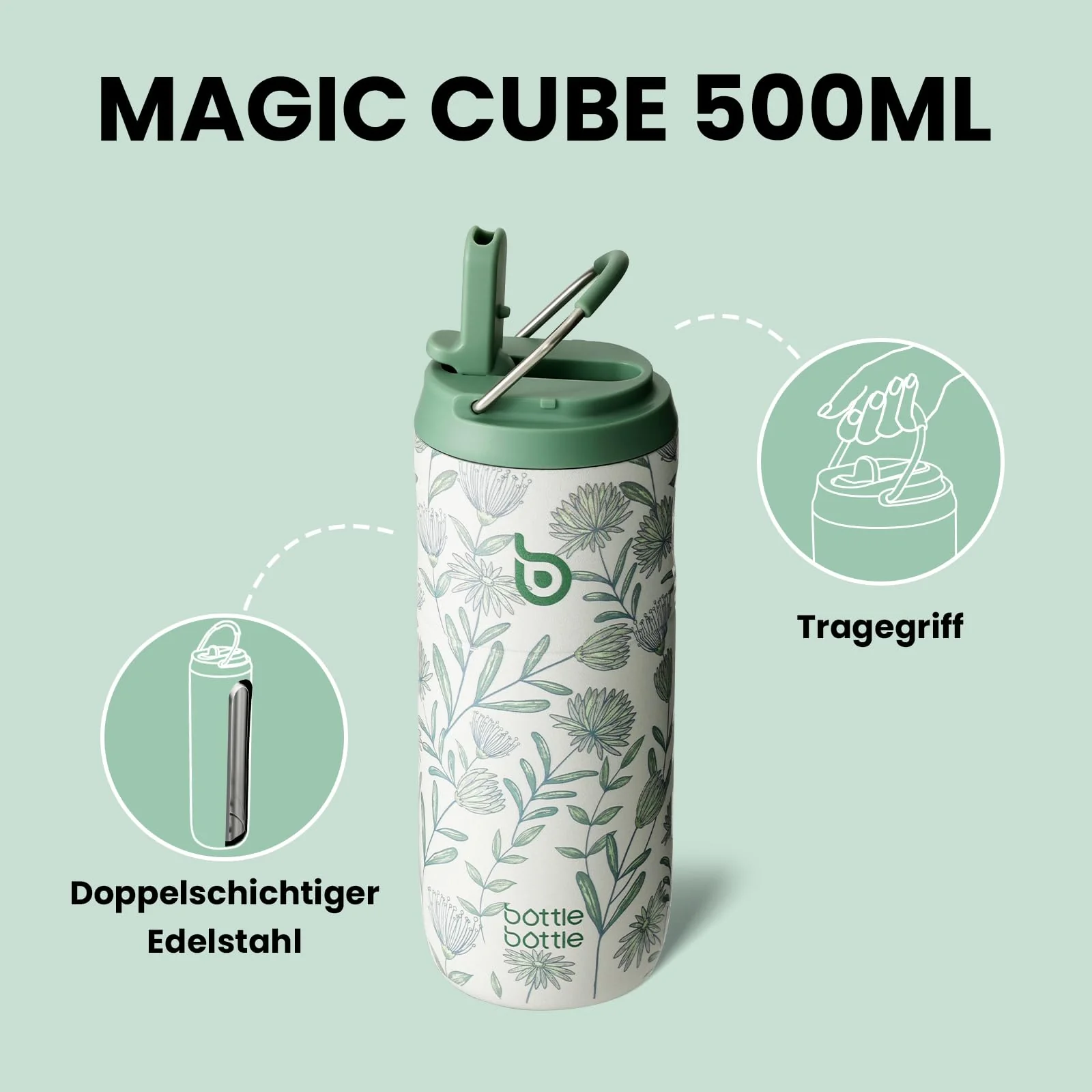 BOTTLE BOTTLE Edelstahl Trinkflasche mit Strohhalm 500ml, auslaufsichere Sportwasserflasche, ideal für Schule, Büro, Wandern und Ausflüge, BPA-frei (Flourishing Flowers) - Image 5