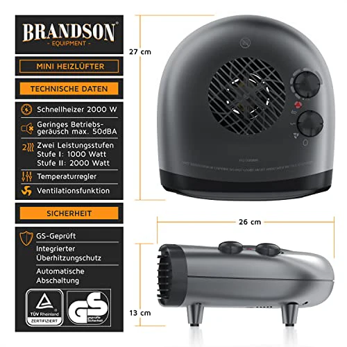 Brandson - Heizlüfter energiesparend leise - 3 Leistungsstufen - Heizlüfter Bad mit Thermostat - Betriebsanzeige - 2000W - geräuscharm energieeffizient - Überhitzungsschutz, automatische Abschaltung - Image 7