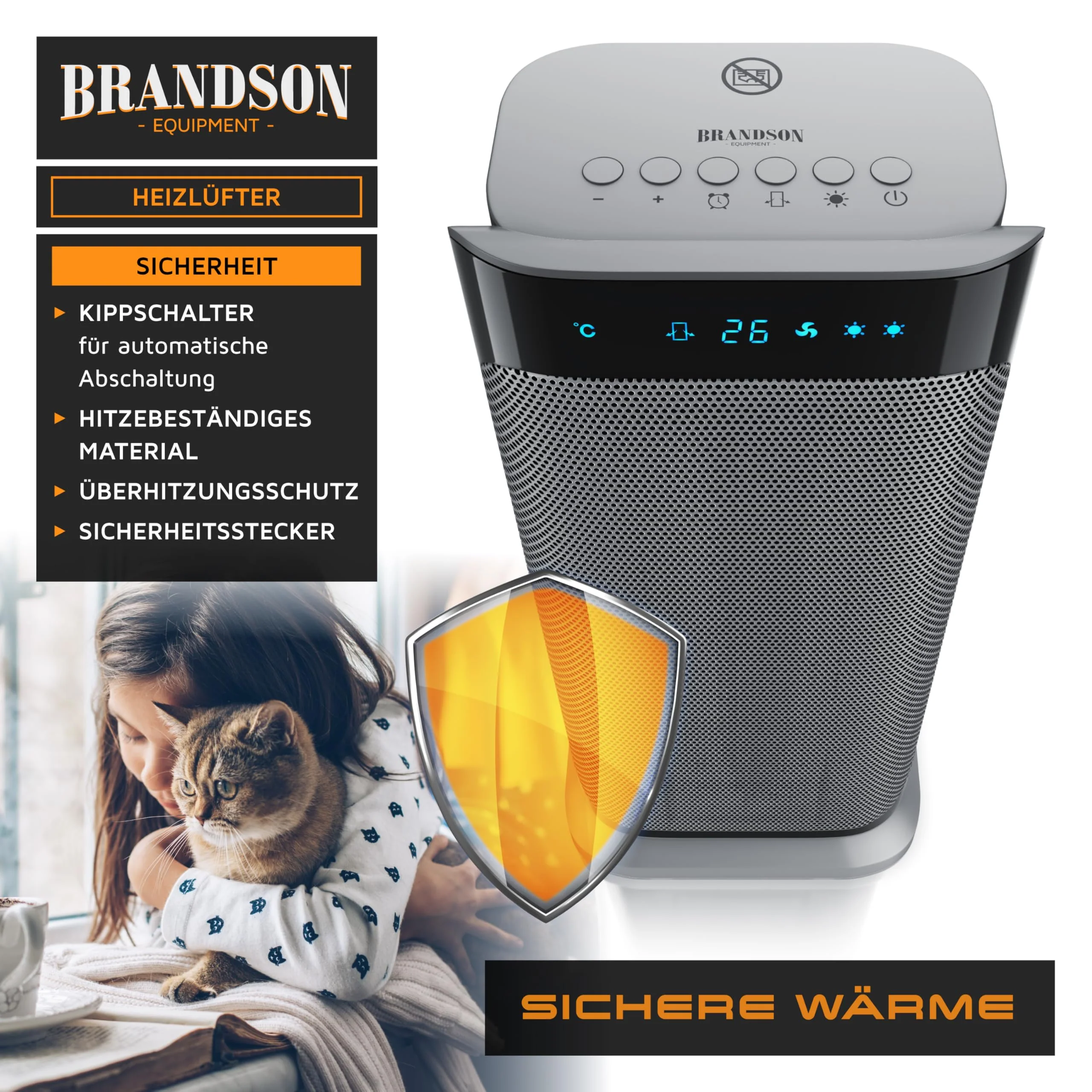 Brandson - Heizlüfter mit Fernbedienung - Preisträger 2025 - energiesparend leise, 2000 Watt Keramik-Heizlüfter Badezimmer - Schnellheizer mit Oszillationsfunktion - Heizung Heater - GS zertifiziert - Image 4
