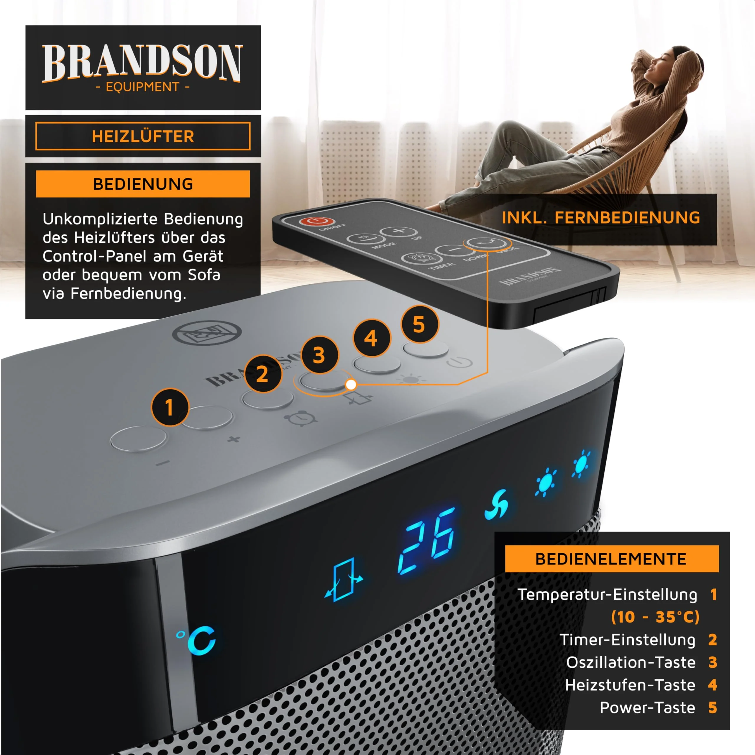 Brandson - Heizlüfter mit Fernbedienung - Preisträger 2025 - energiesparend leise, 2000 Watt Keramik-Heizlüfter Badezimmer - Schnellheizer mit Oszillationsfunktion - Heizung Heater - GS zertifiziert - Image 6