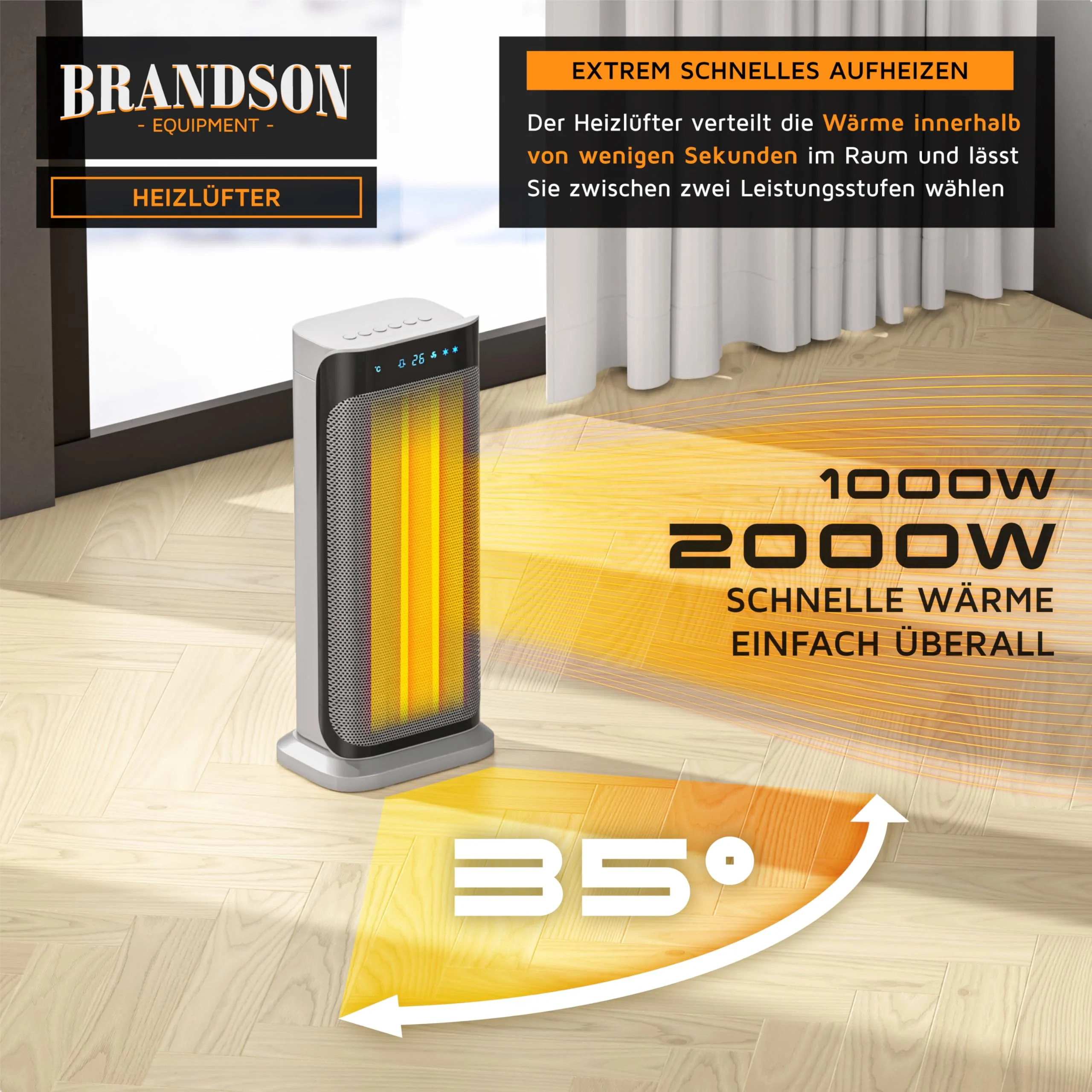 Brandson - Heizlüfter mit Fernbedienung - Preisträger 2025 - energiesparend leise, 2000 Watt Keramik-Heizlüfter Badezimmer - Schnellheizer mit Oszillationsfunktion - Heizung Heater - GS zertifiziert - Image 7