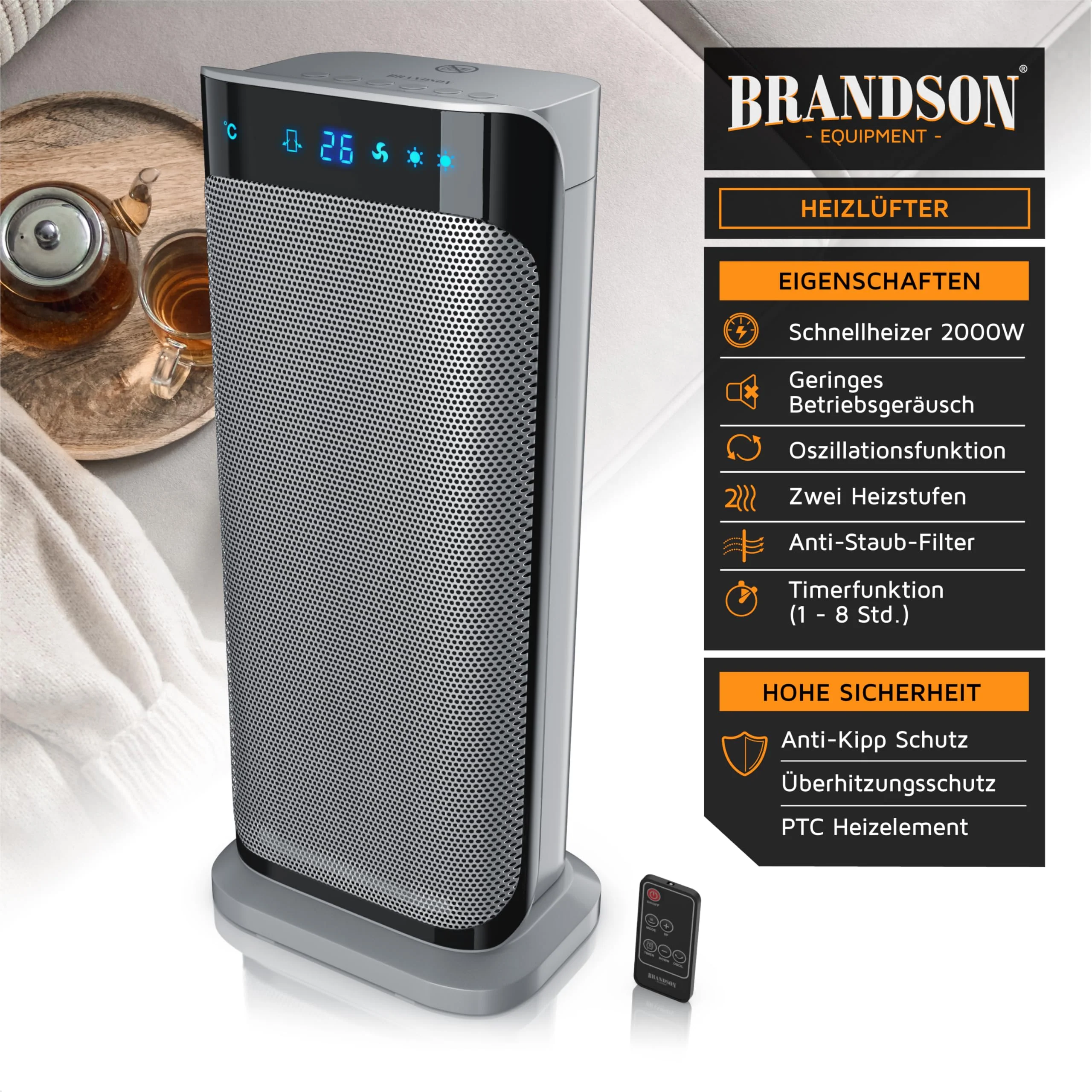 Brandson - Heizlüfter mit Fernbedienung - Preisträger 2025 - energiesparend leise, 2000 Watt Keramik-Heizlüfter Badezimmer - Schnellheizer mit Oszillationsfunktion - Heizung Heater - GS zertifiziert - Image 8