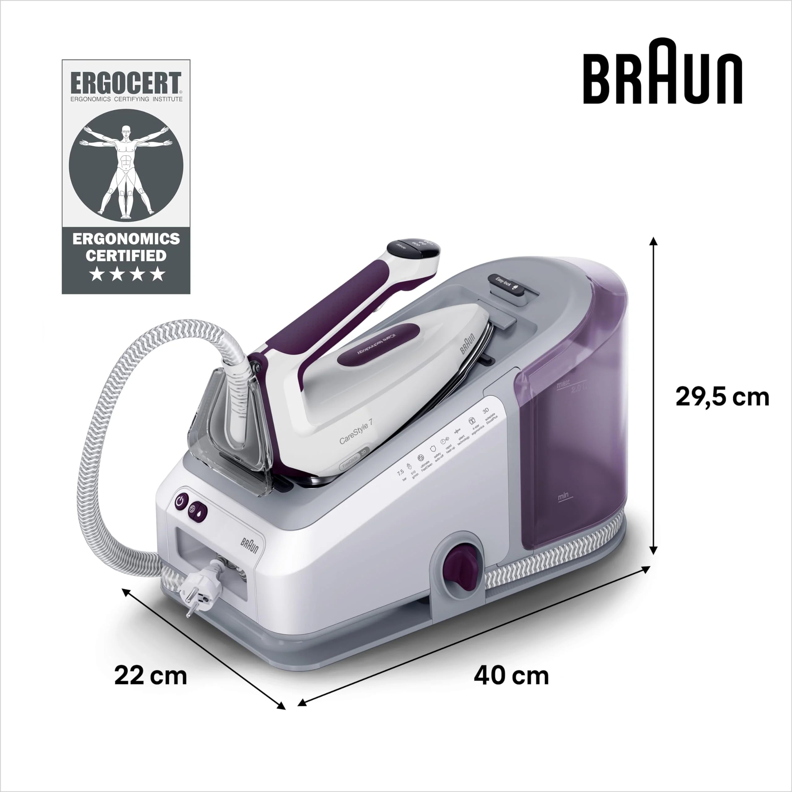 Braun CareStyle 7 IS 7266 VI Dampfbügelstation, FreeGlide 3D Bügelsohle, iCare-, iMode- & Vertikaldampf-Funktion, FastClean, Dampfstoß 550 g/min, Abnehmbarer 2 L Wassertank, 2700 W, Weiss-Violett - Image 2