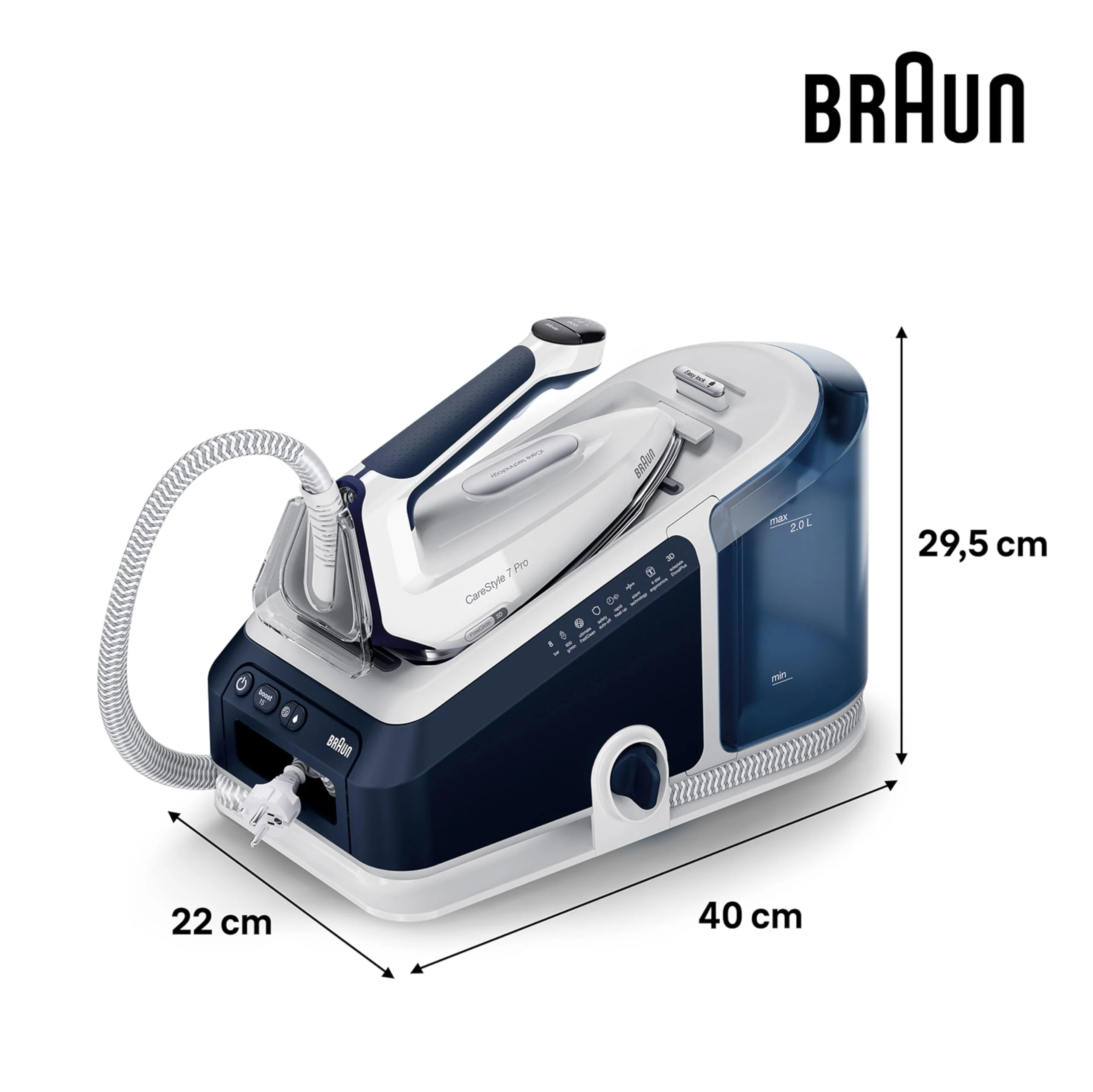 Braun CareStyle 7 Pro Dampfbügelstation IS 7282 BL – Dampfbügeleisen mit FreeGlide 3D Bügelsohle, iCare-Funktion, abnehmbarer 2 L Wassertank, Dampfstoß 600 g/min, 2700 Watt, Blau/Weiß - Image 6