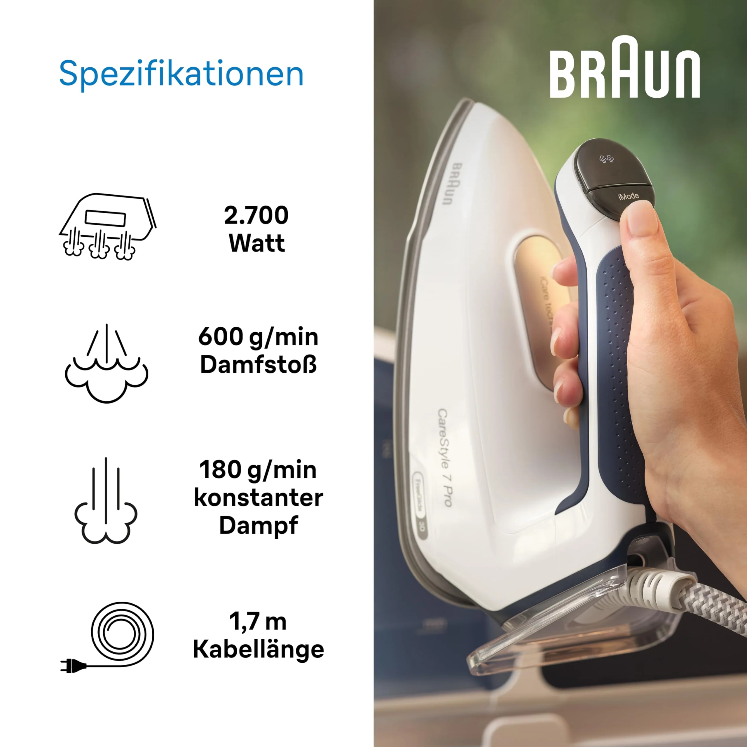 Braun CareStyle 7 Pro Dampfbügelstation IS 7282 BL – Dampfbügeleisen mit FreeGlide 3D Bügelsohle, iCare-Funktion, abnehmbarer 2 L Wassertank, Dampfstoß 600 g/min, 2700 Watt, Blau/Weiß - Image 7