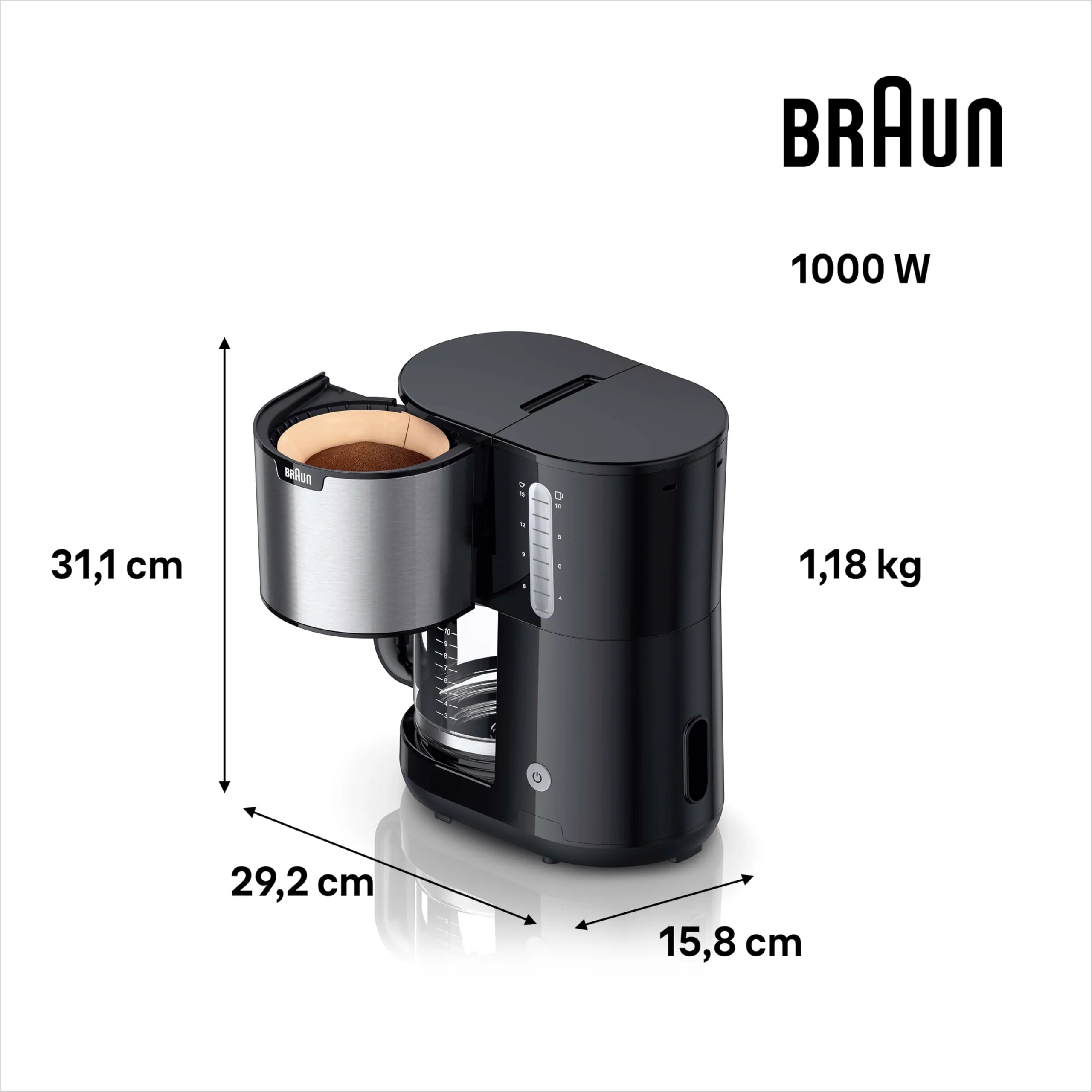 Braun PurShine KF 1500 BK Kaffeemaschine - Filterkaffeemaschine mit Glaskanne für bis zu 10 Tassen, OptiBrew-System, Automatische Abschaltung, 1000 Watt, Schwarz - Image 2