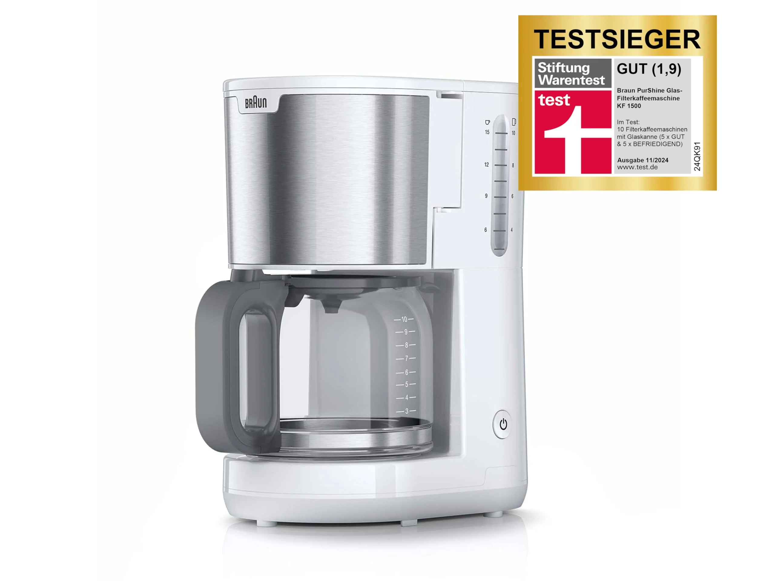 Braun PurShine KF 1500 WH Kaffeemaschine - Filterkaffeemaschine mit Glaskanne für bis zu 10 Tassen, OptiBrew-System, Automatische Abschaltung, 1000 Watt, Weiß, KF1500WH