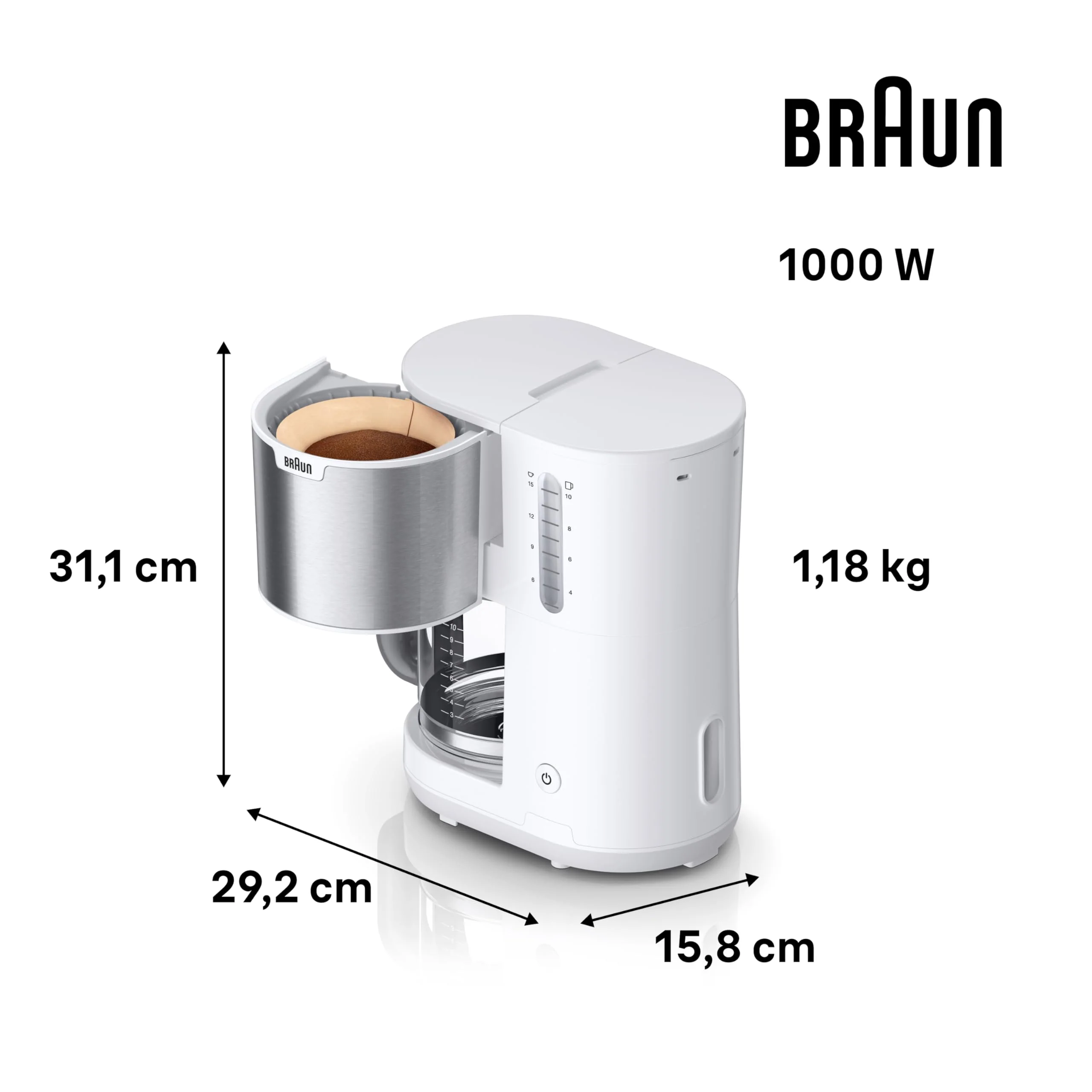 Braun PurShine KF 1500 WH Kaffeemaschine - Filterkaffeemaschine mit Glaskanne für bis zu 10 Tassen, OptiBrew-System, Automatische Abschaltung, 1000 Watt, Weiß, KF1500WH - Image 8