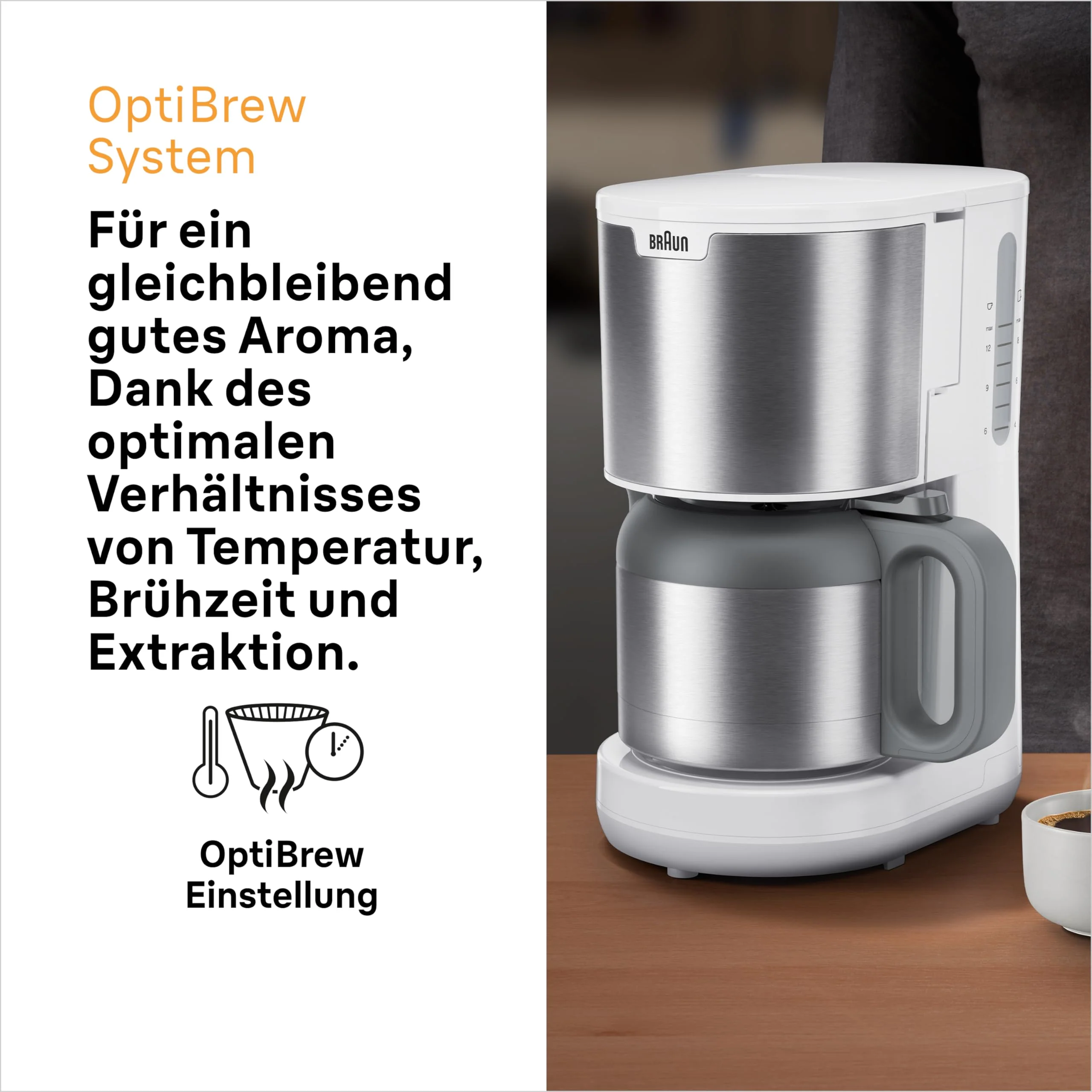 Braun PurShine KF 1500 WH Kaffeemaschine - Filterkaffeemaschine mit Glaskanne für bis zu 10 Tassen, OptiBrew-System, Automatische Abschaltung, 1000 Watt, Weiß, KF1500WH - Image 9