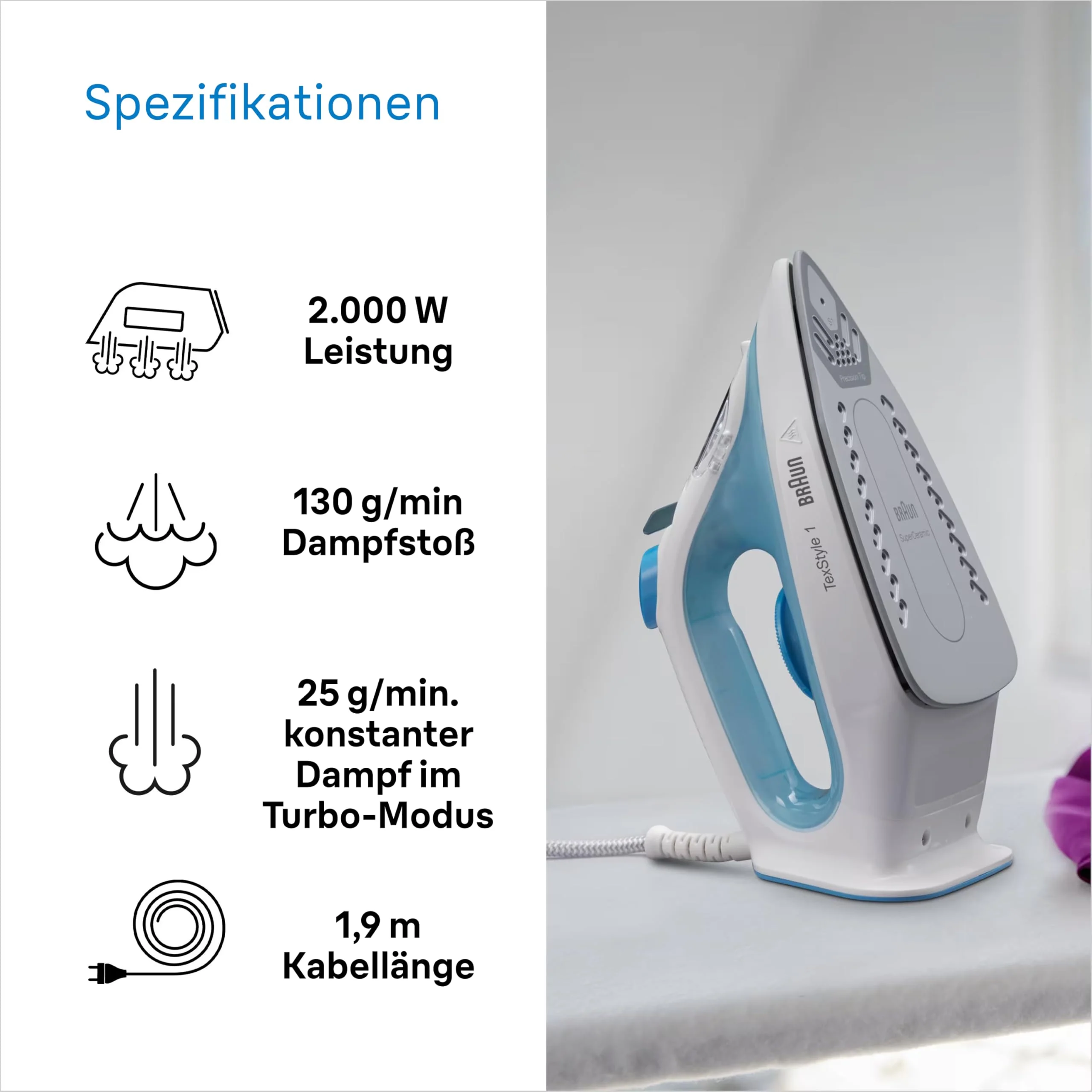 Braun TexStyle 1 Dampfbügeleisen SI 1050BL - Bügeleisen mit SuperCeramic Bügelsohle, Vertikaldampf, 2000 Watt, Blau - Image 2