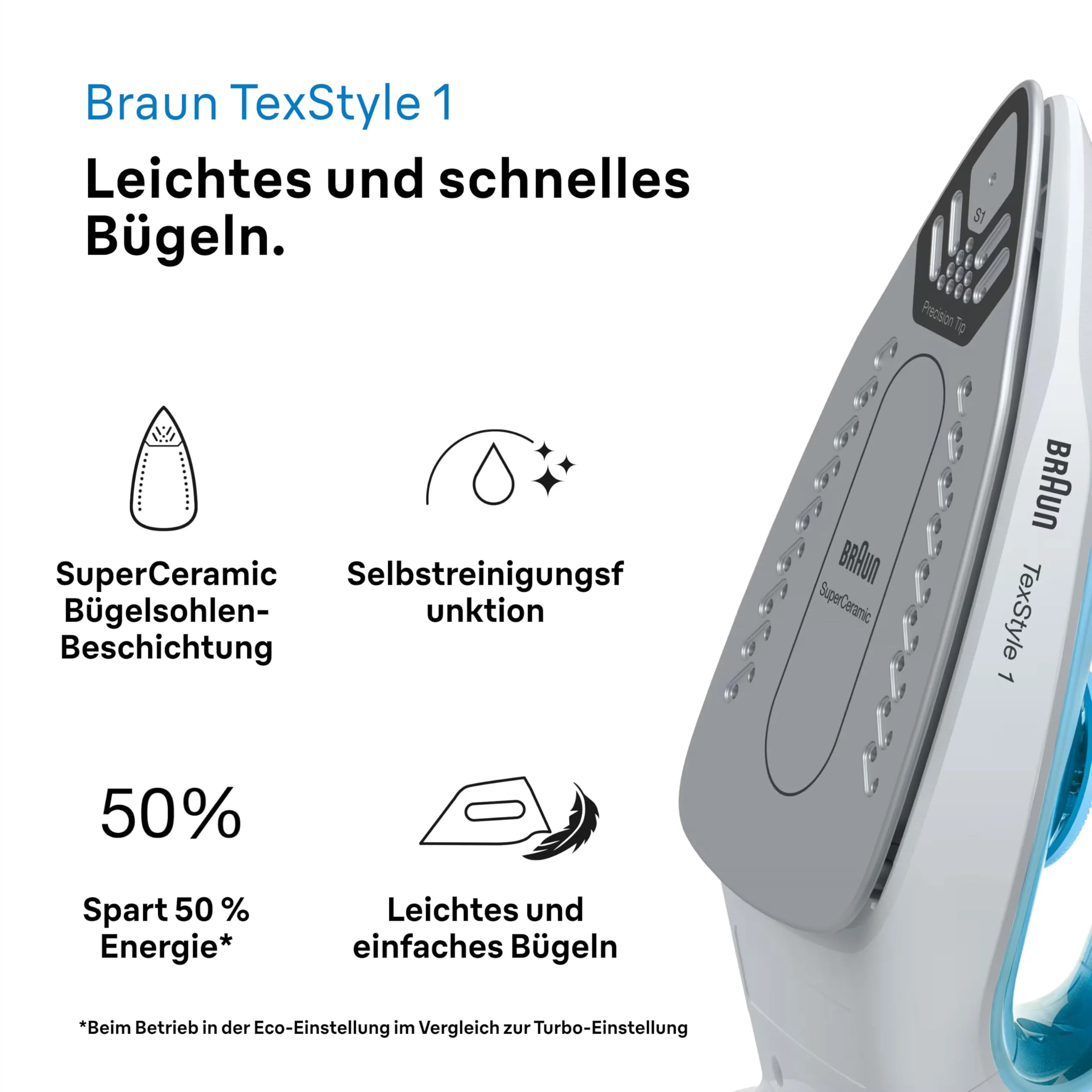 Braun TexStyle 1 Dampfbügeleisen SI 1050BL - Bügeleisen mit SuperCeramic Bügelsohle, Vertikaldampf, 2000 Watt, Blau - Image 7