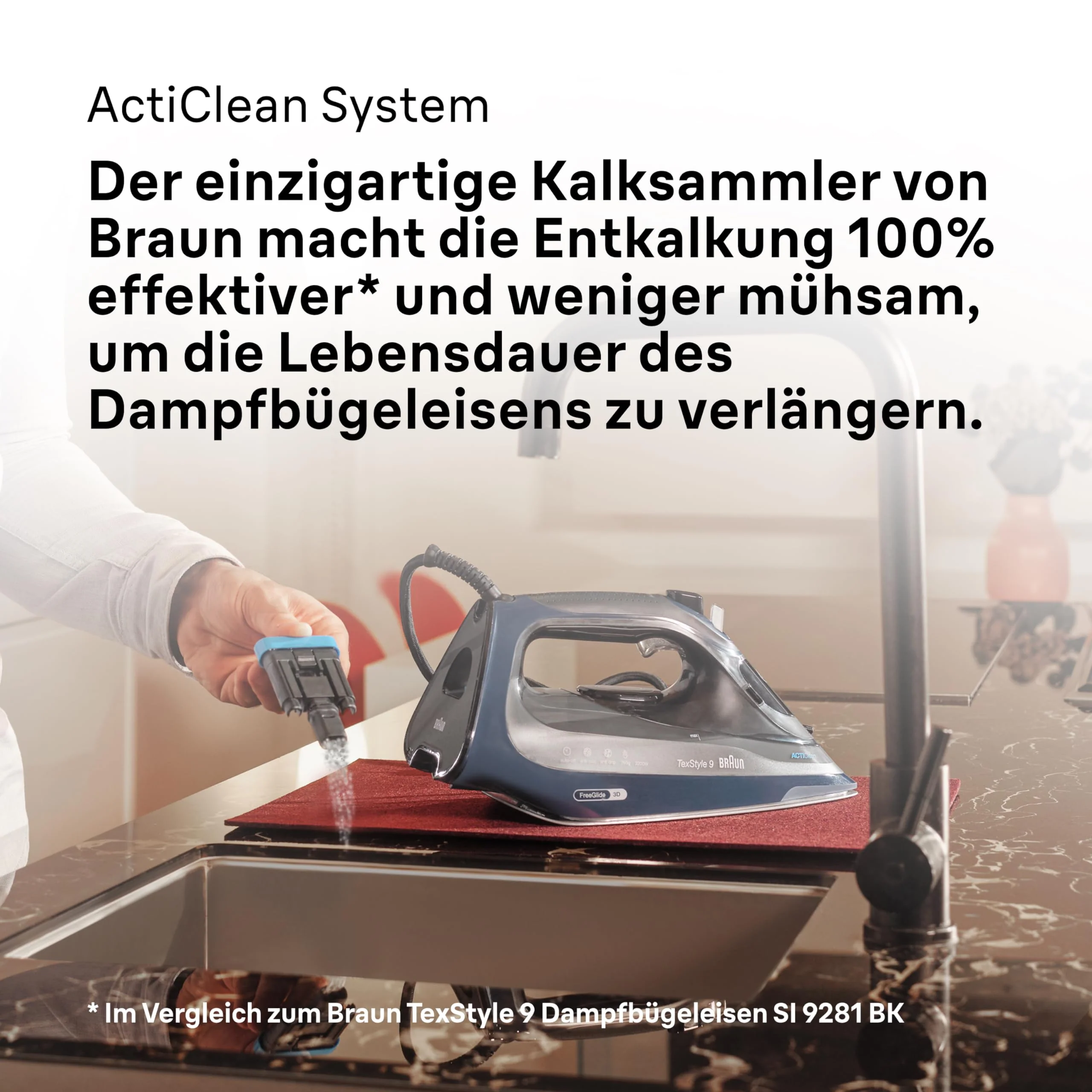 Braun TexStyle 9 SI9682 DB Dampfbügeleisen mit FreeGlide 3D Technologie, Vertikaldampf, Anti-Tropf-Funktion, Selbstreinigungsfunktion, 330 ml Einfüllöffnung, 260 g/min, 3200W, Dunkelblau - Image 2