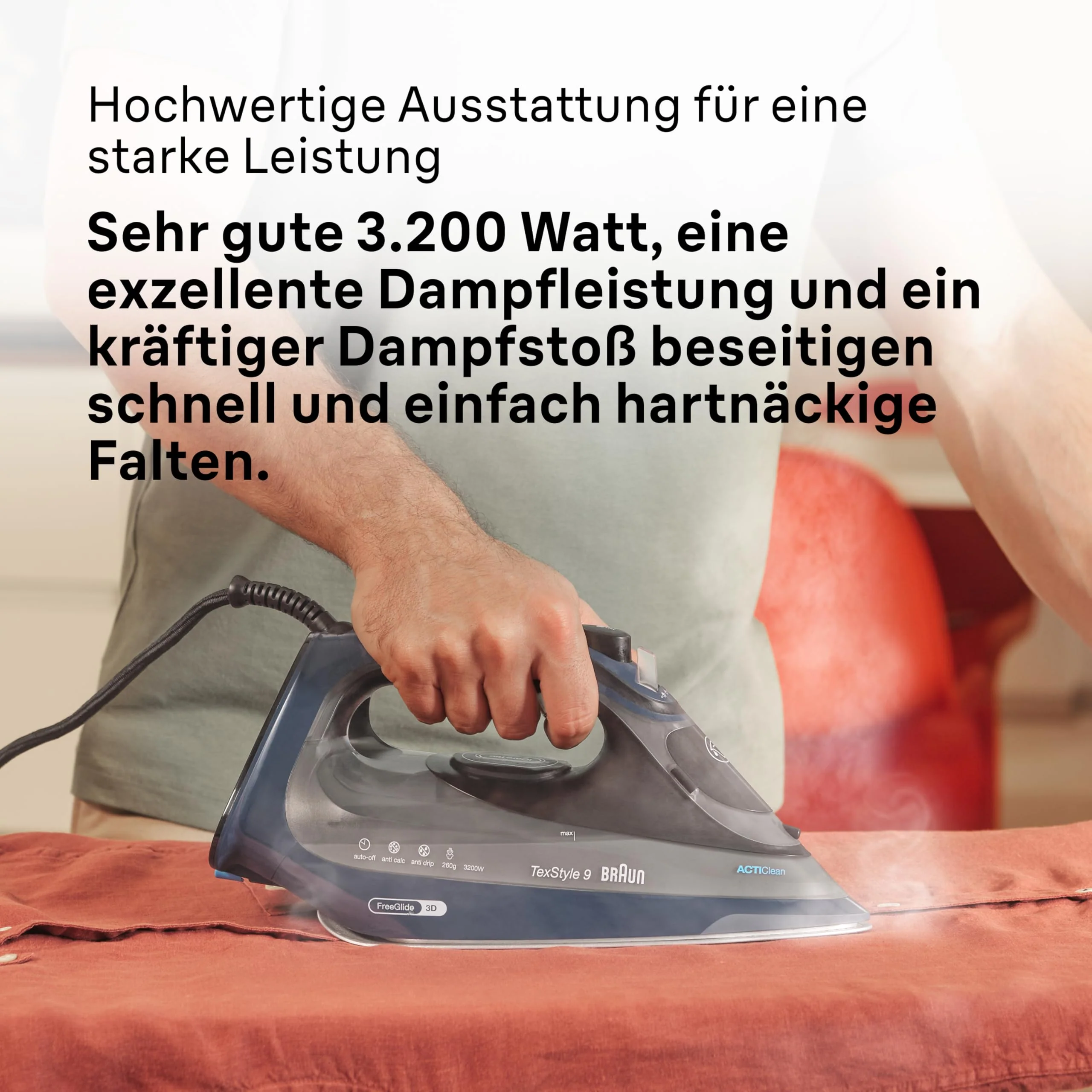Braun TexStyle 9 SI9682 DB Dampfbügeleisen mit FreeGlide 3D Technologie, Vertikaldampf, Anti-Tropf-Funktion, Selbstreinigungsfunktion, 330 ml Einfüllöffnung, 260 g/min, 3200W, Dunkelblau - Image 5