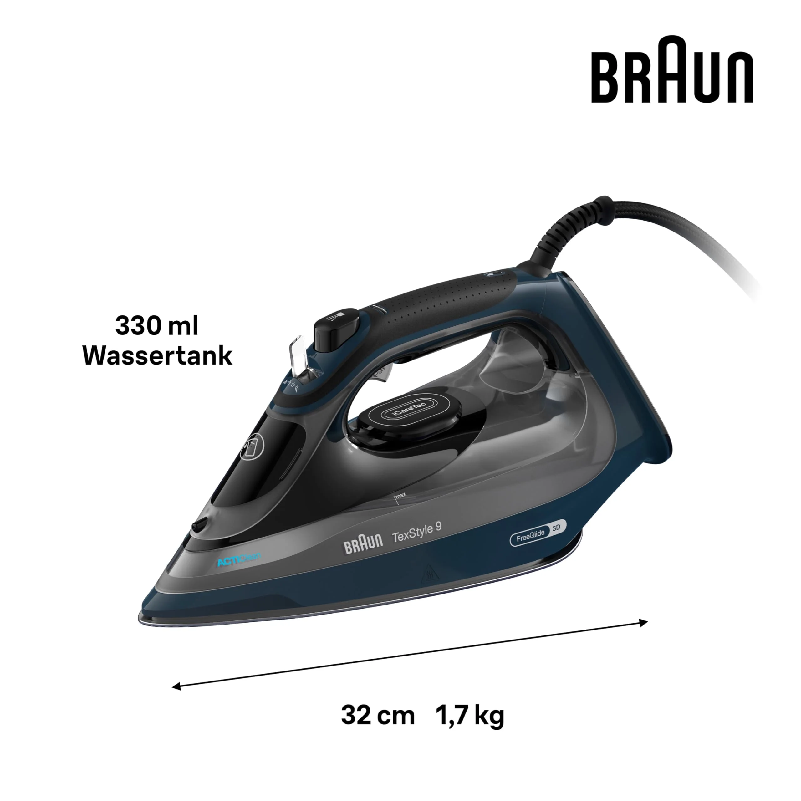 Braun TexStyle 9 SI9682 DB Dampfbügeleisen mit FreeGlide 3D Technologie, Vertikaldampf, Anti-Tropf-Funktion, Selbstreinigungsfunktion, 330 ml Einfüllöffnung, 260 g/min, 3200W, Dunkelblau - Image 8
