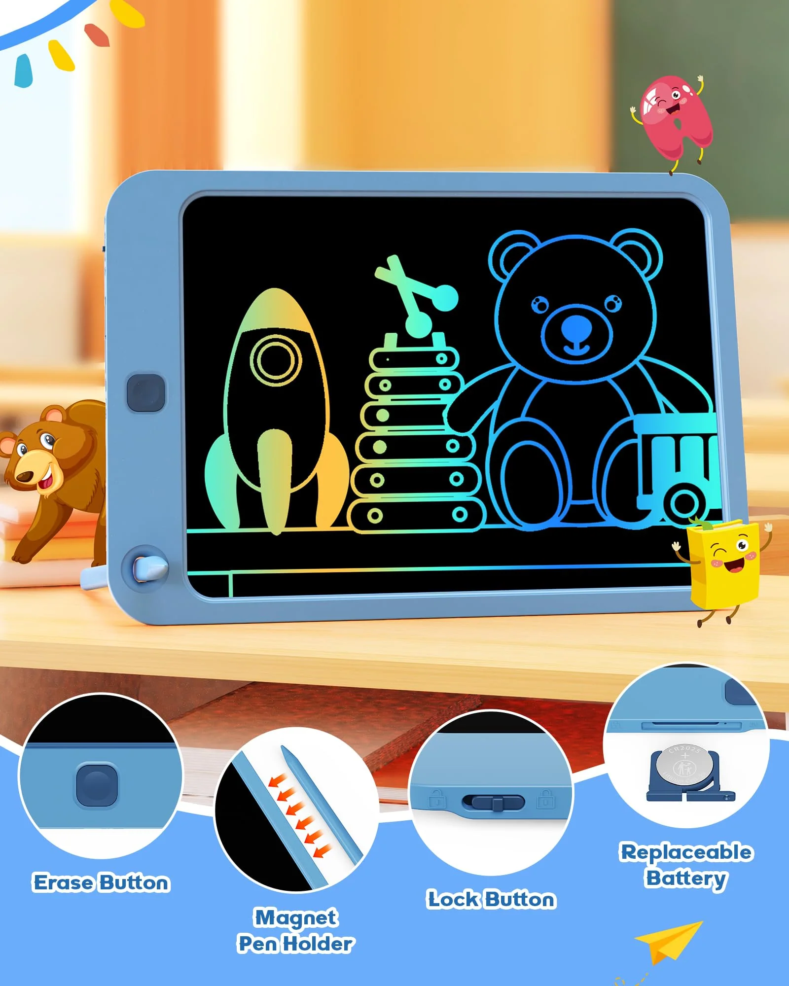 bravokids Kleinkinderspielzeug für Jungen Mädchen 3 4 5 6 7 Jahre alt, 10 Zoll LCD Schreibbrett buntes Doodle Board für Kinder, Zeichentablett Zeichenblöcke (blau) - Image 2