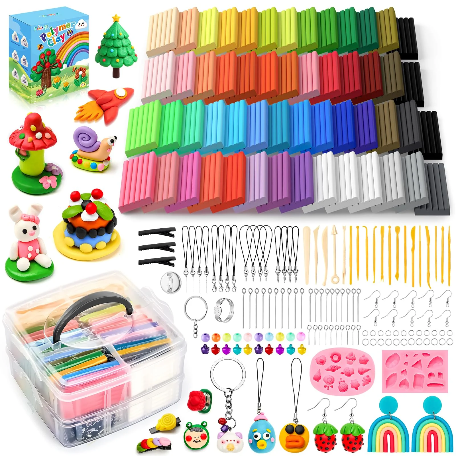 Bridokit 54 Stück Knete Kit, Polymer Clay Set Mit 19 Schnitzwerkzeuge und 2 Edelsteinsilikonform für Ohrringe, Haarspange, Modelliermasse ofenhärtend, Modellierknete für Kinder Erwachsene