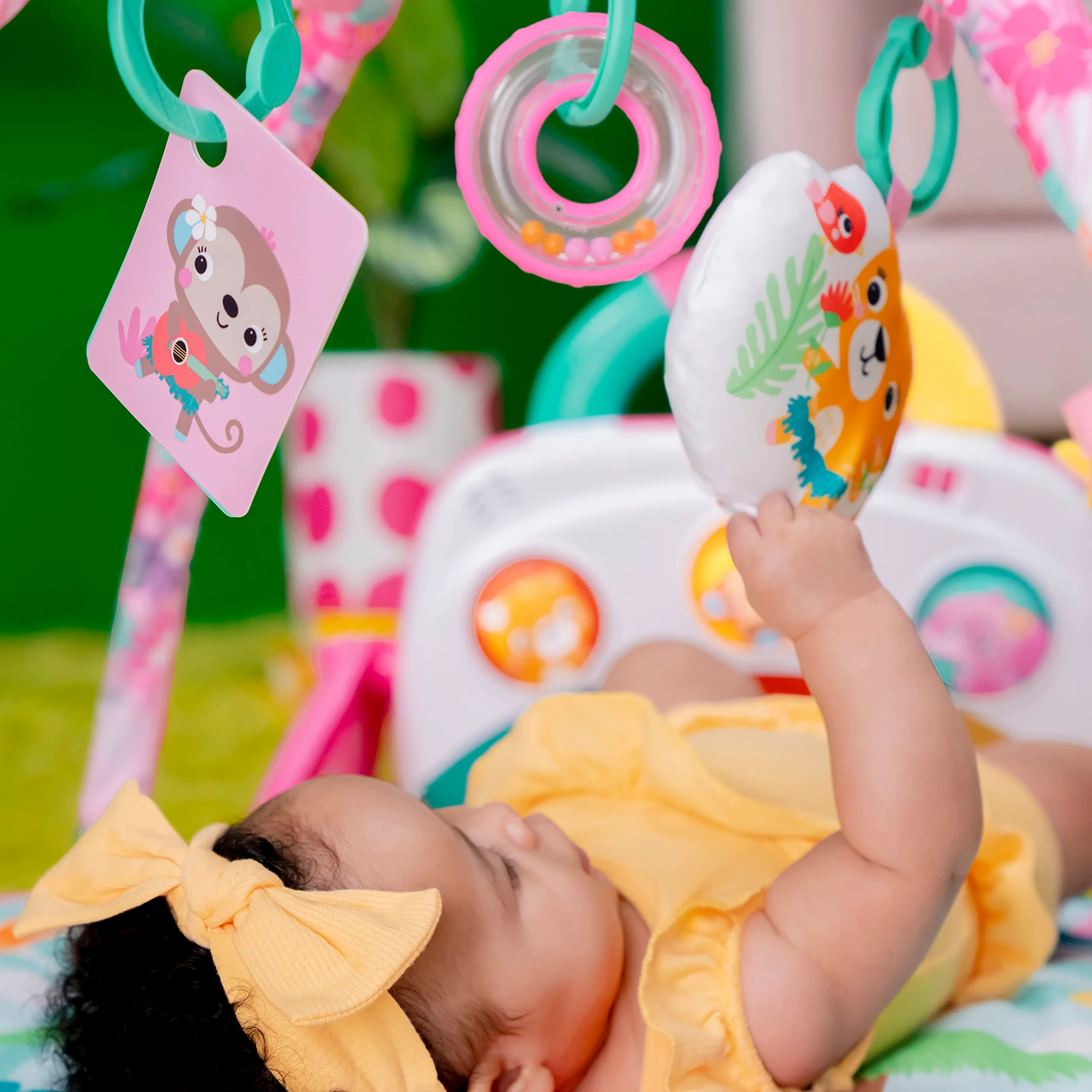 Bright Starts, 4-in-1 Groovin’ Kicks Piano and Drum Activity Gym Play Mat, Detachable Toys, Languages, Lights, Sounds and Music, Newborn and up - Floral Fiesta - Image 3