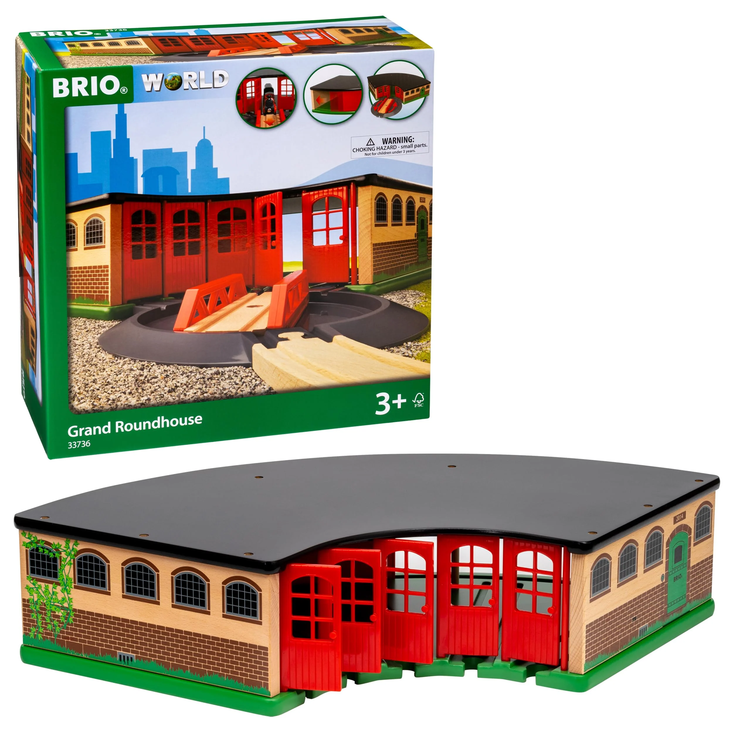 BRIO World 33736 Großer Ringlokschuppen mit Drehscheibe - Zubehör Holzeisenbahn - Kleinkinderspielzeug empfohlen ab 3 Jahren