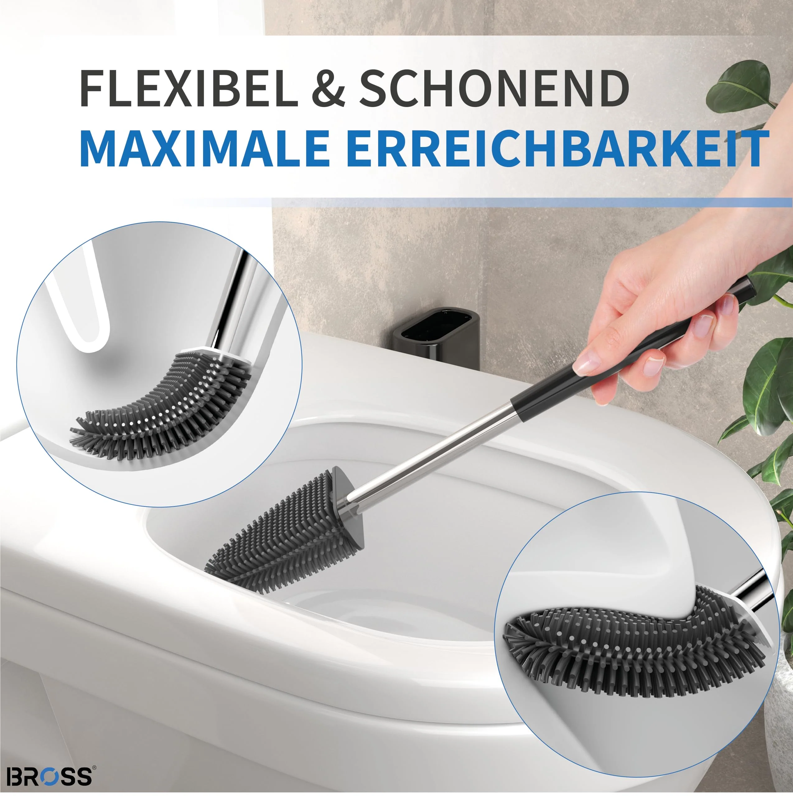 BROSS® Klobürste Silikon - Patentierte Toilettenbürste - Klobürste Schwarz - WC Bürste & Klobürstenhalter mit Wandmontage & TurboTrocknung - Innovativ & Antibakteriell - 1er Set - Image 6