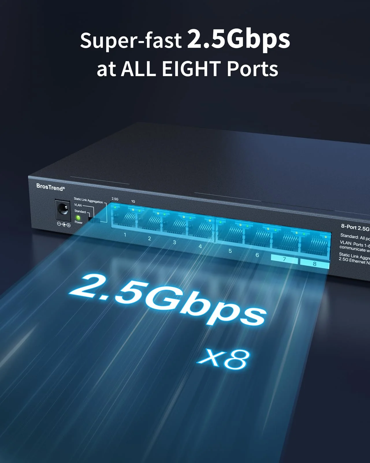 BrosTrend 8X 2,5-Gigabit Ports LAN Switch 2,5 Gbit/s Ethernet Netzwerk Switch (VLAN/Statisch Link-Aggregation, Unmanaged Lüfterlos, Desktop/Wandmontage Plug & Play, Lifetime-Schutz) LAN Hub Splitter - Image 3