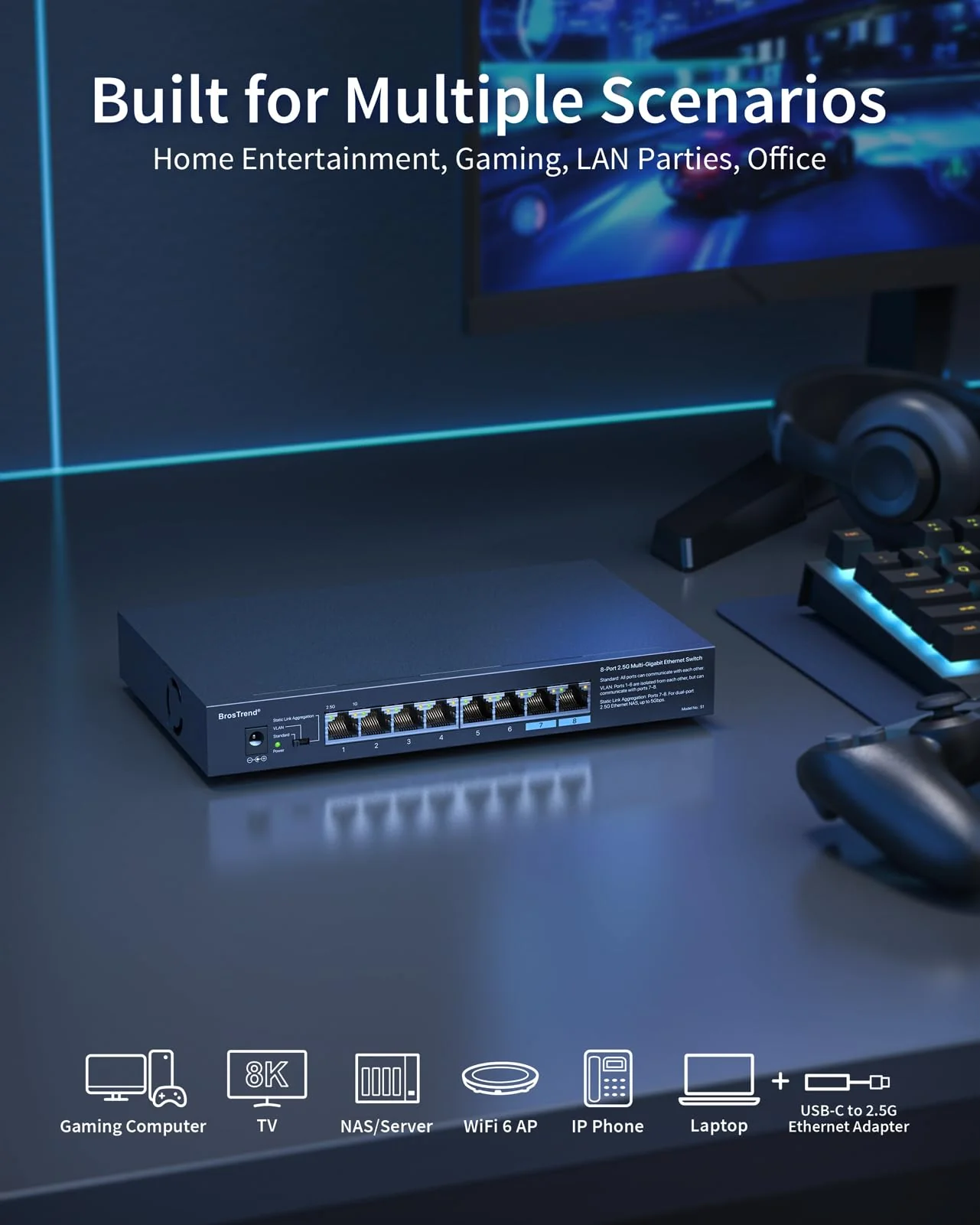BrosTrend 8X 2,5-Gigabit Ports LAN Switch 2,5 Gbit/s Ethernet Netzwerk Switch (VLAN/Statisch Link-Aggregation, Unmanaged Lüfterlos, Desktop/Wandmontage Plug & Play, Lifetime-Schutz) LAN Hub Splitter - Image 5