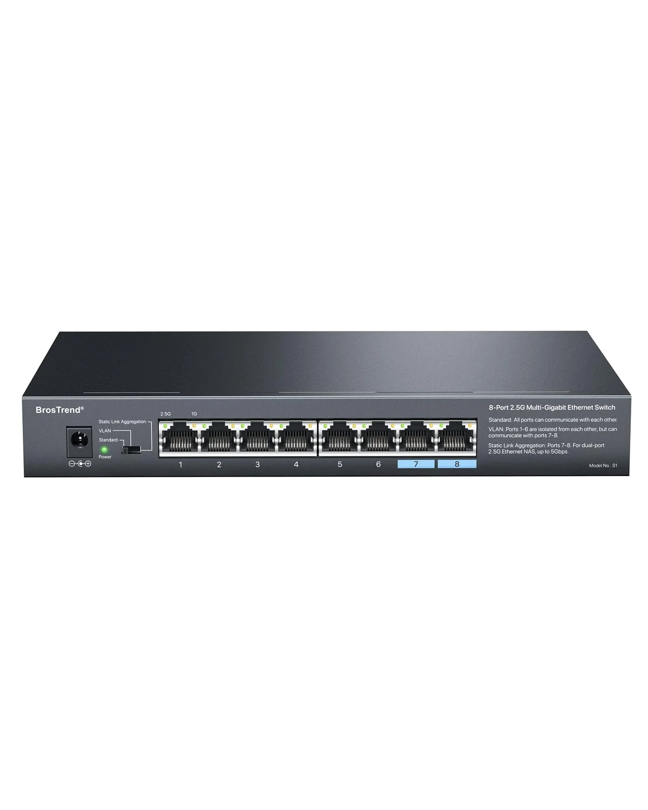 BrosTrend 8X 2,5-Gigabit Ports LAN Switch 2,5 Gbit/s Ethernet Netzwerk Switch (VLAN/Statisch Link-Aggregation, Unmanaged Lüfterlos, Desktop/Wandmontage Plug & Play, Lifetime-Schutz) LAN Hub Splitter - Image 6