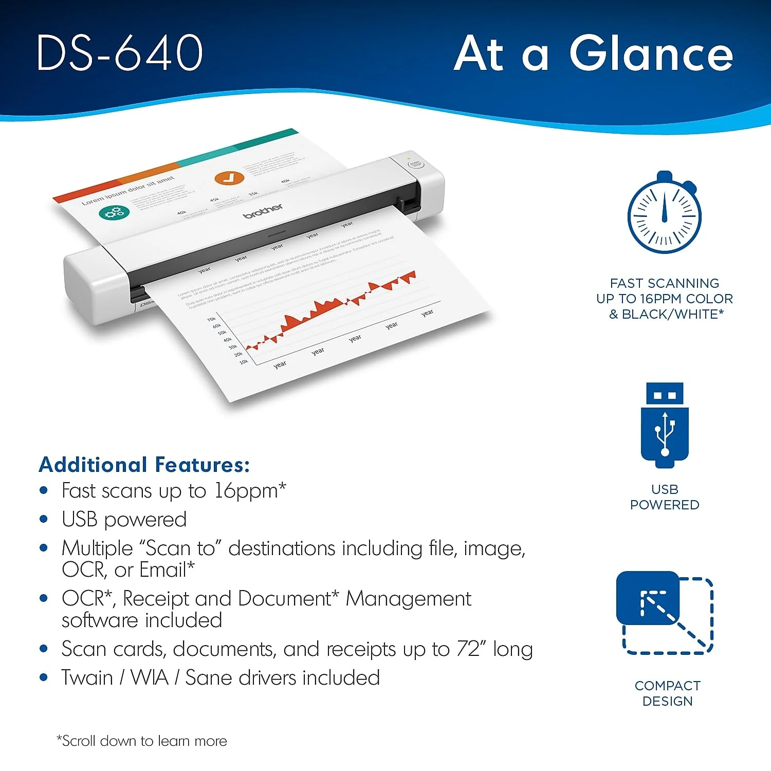 Brother DS-640 Kompakter mobiler Dokumentenscanner (Modell: DS640), 3,8 x 5,1 x 30,2 cm - Image 3