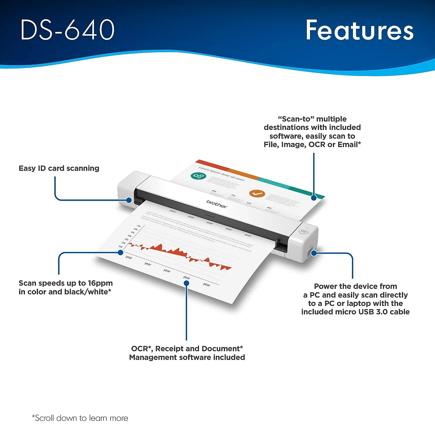 Brother DS-640 Kompakter mobiler Dokumentenscanner (Modell: DS640), 3,8 x 5,1 x 30,2 cm - Image 6
