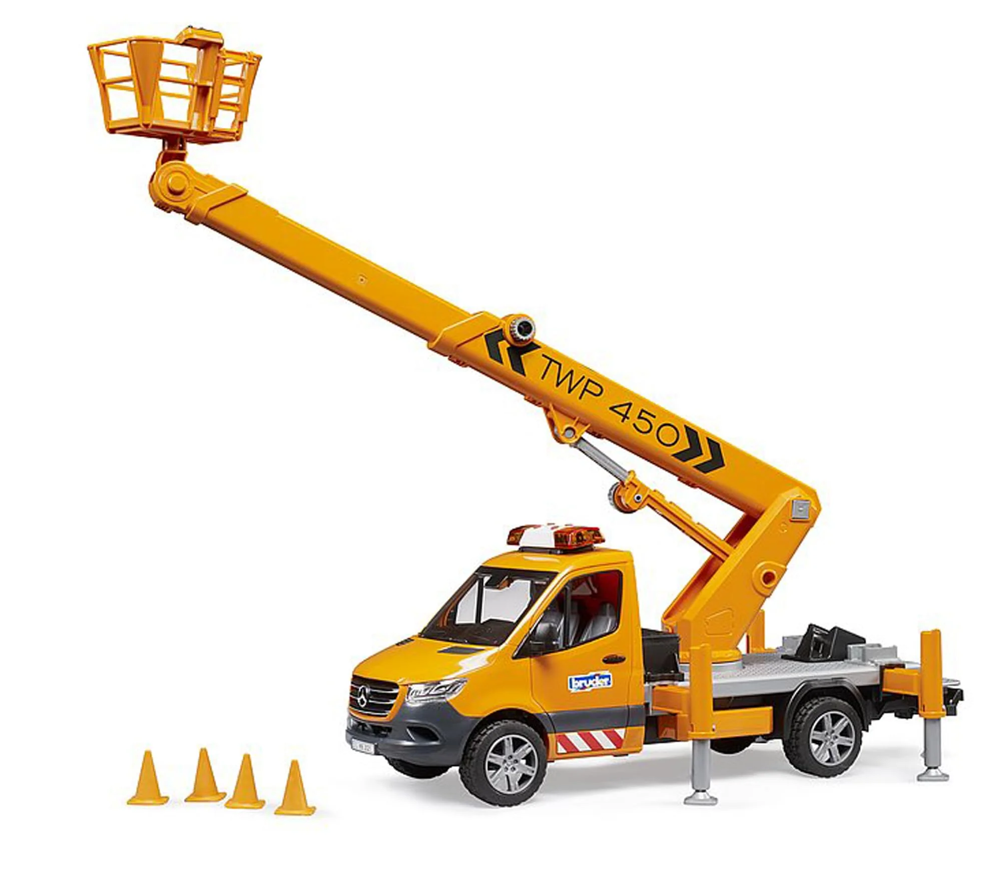 bruder 02679 - MB Sprinter mit Arbeitsbühne und Light & Sound Modul - 1:16 Baustellenfahrzeuge, Transporter, LKW, Bauarbeiter, Spielzeug ab 4 Jahre