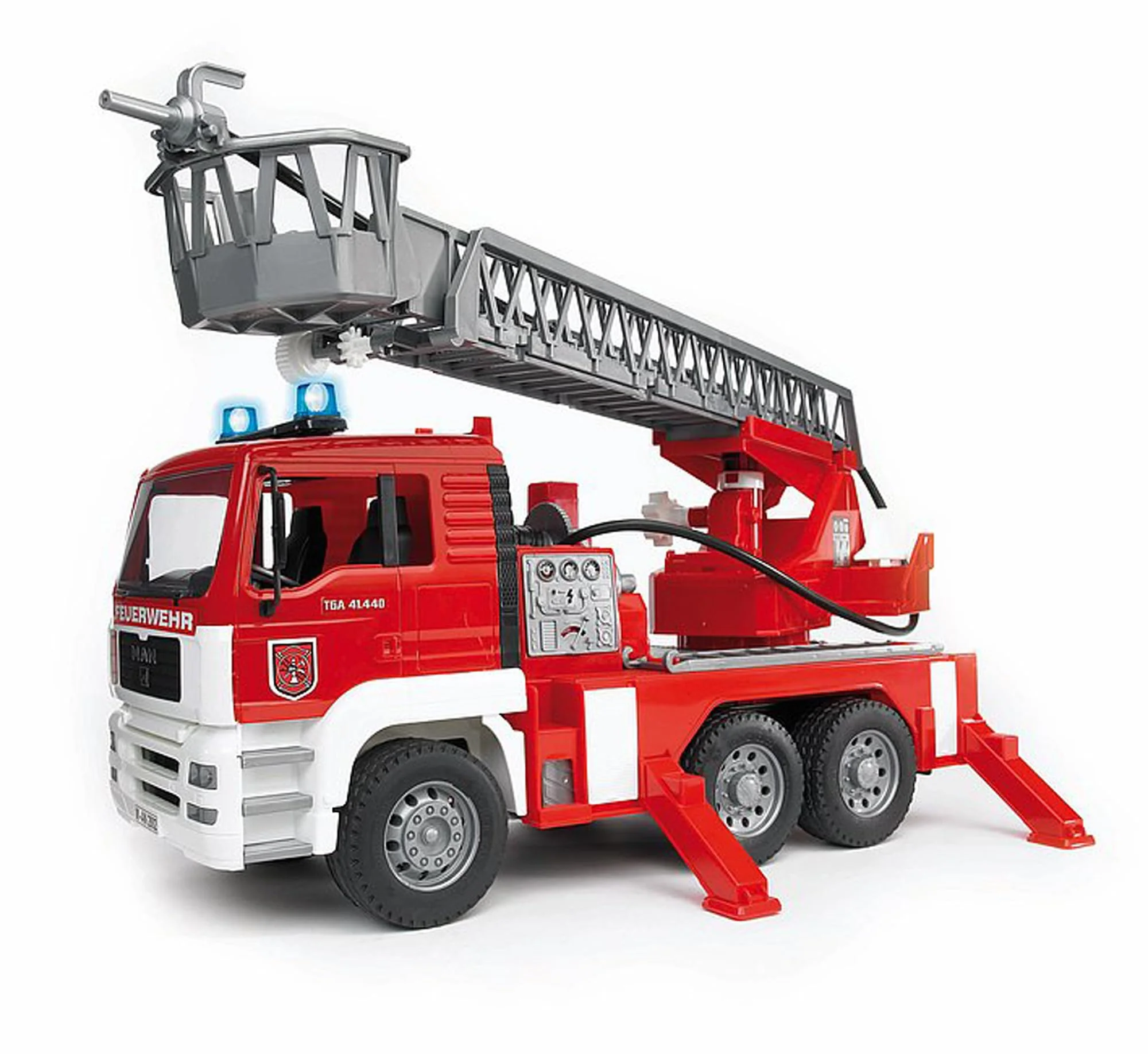 bruder 02771 - Man TGA Feuerwehr mit Drehleiter, Wasserpumpe & Light & Sound Modul - 1:16 Einsatzfahrzeug, Feuerwehrauto, Notruf, Löschfahrzeug, Spielzeug