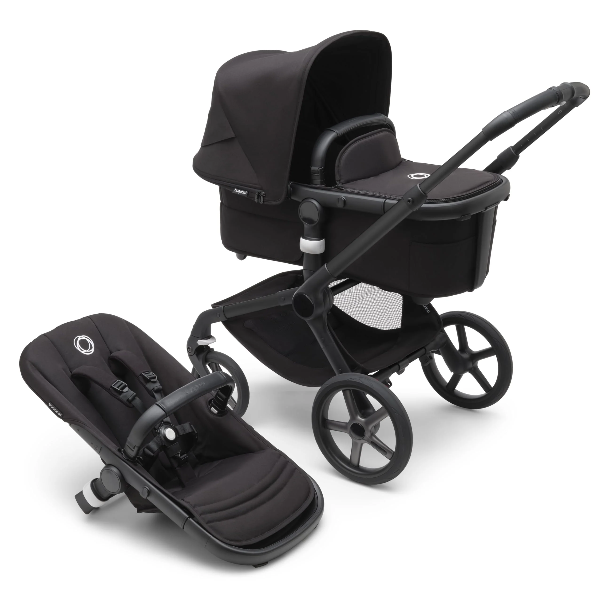 Bugaboo Fox 5, 2-in-1 Kinderwagen für jedes Gelände, mit Liegewanne und ausziehbarem Kleinkindsitz, einfach zu manövrieren und Ein-Hand Faltung, Fahrgestell, Liegewanne und Sonnendach in Schwarz