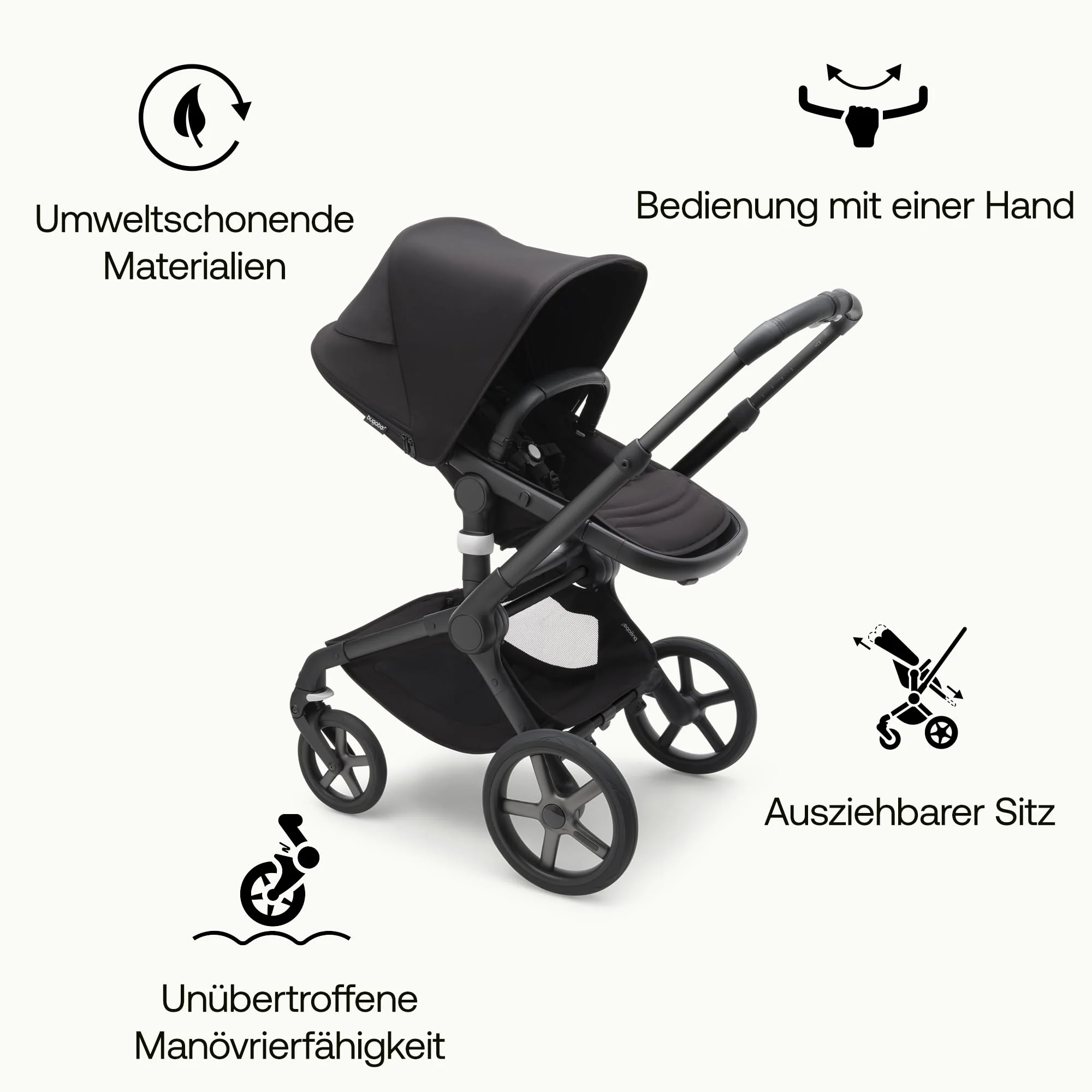 Bugaboo Fox 5, 2-in-1 Kinderwagen für jedes Gelände, mit Liegewanne und ausziehbarem Kleinkindsitz, einfach zu manövrieren und Ein-Hand Faltung, Fahrgestell, Liegewanne und Sonnendach in Schwarz - Image 4