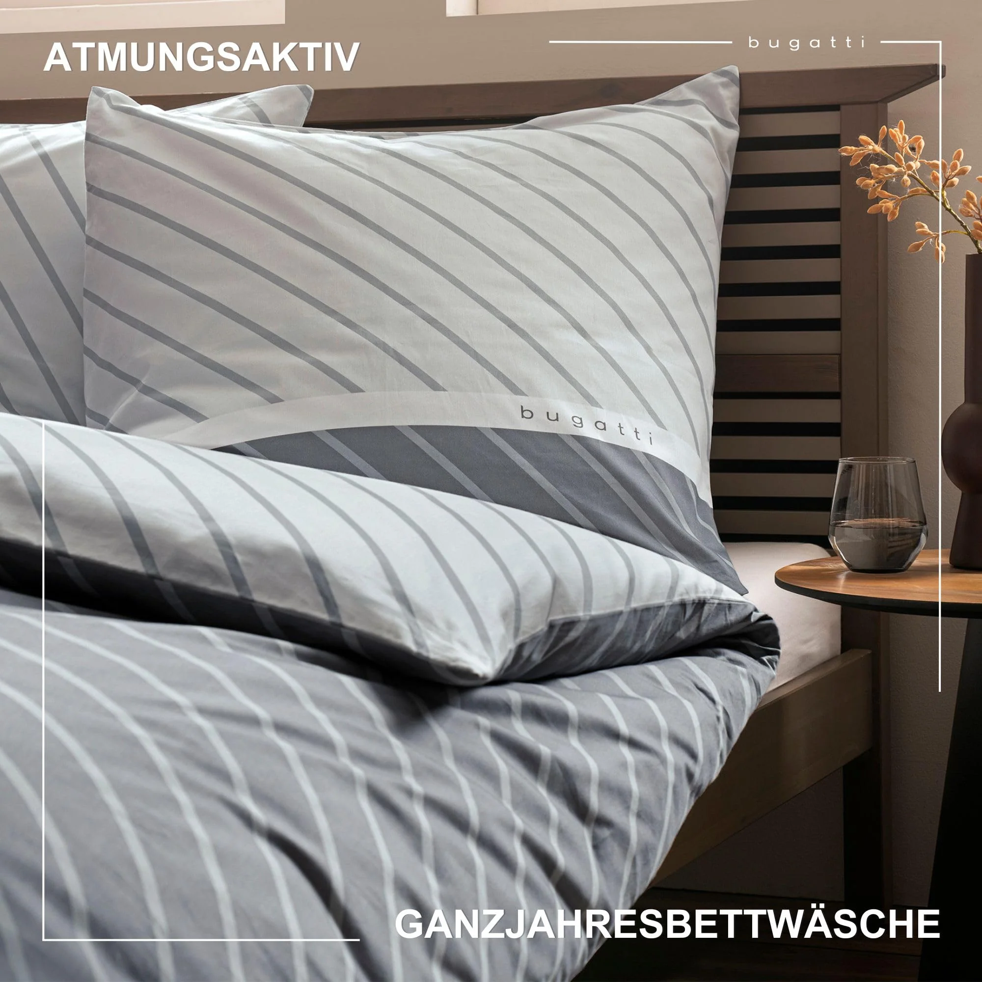 bugatti Bettwäsche 135 x 200 cm - 100% Baumwolle, Reißverschluss, anschmiegsam, weich & waschbar, Mako Satinbettwäsche gestreift grau - Image 5