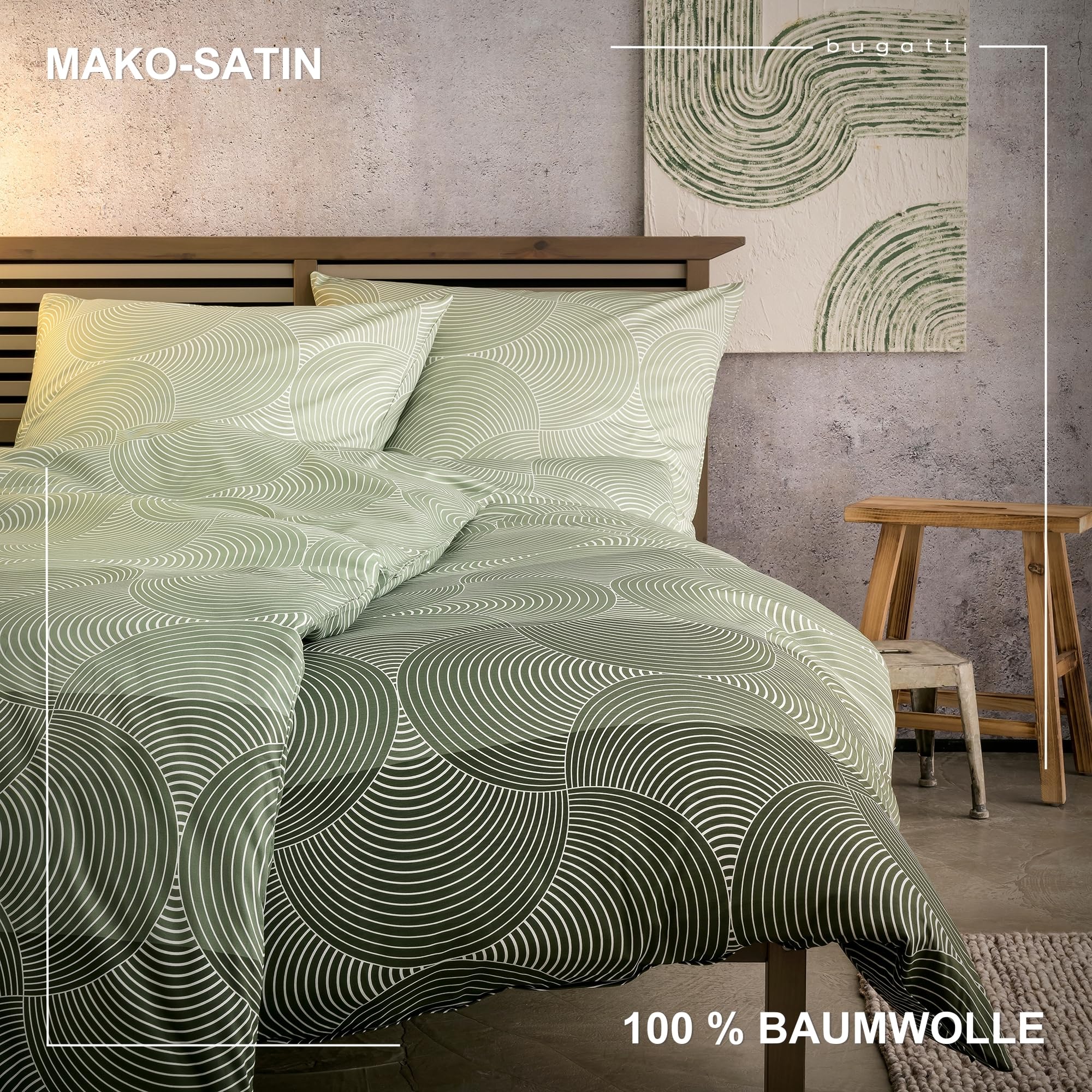bugatti Bettwäsche 135x200 cm - 100% Baumwolle, Reißverschluss, anschmiegsam, weich & waschbar, Mako Satinbettwäsche Kreise grafisch grün - Image 6