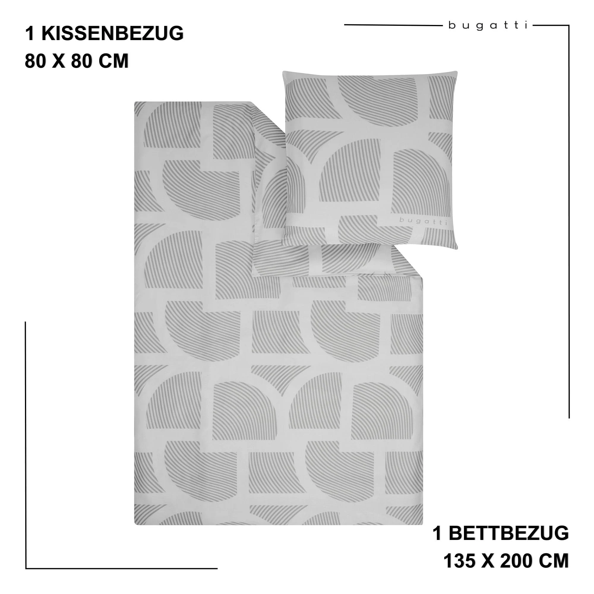 bugatti Bettwäsche 135x200 cm - 100% Baumwolle, Reißverschluss, anschmiegsam, weich & waschbar, Satinbettwäsche grau grafisches Muster - Image 2