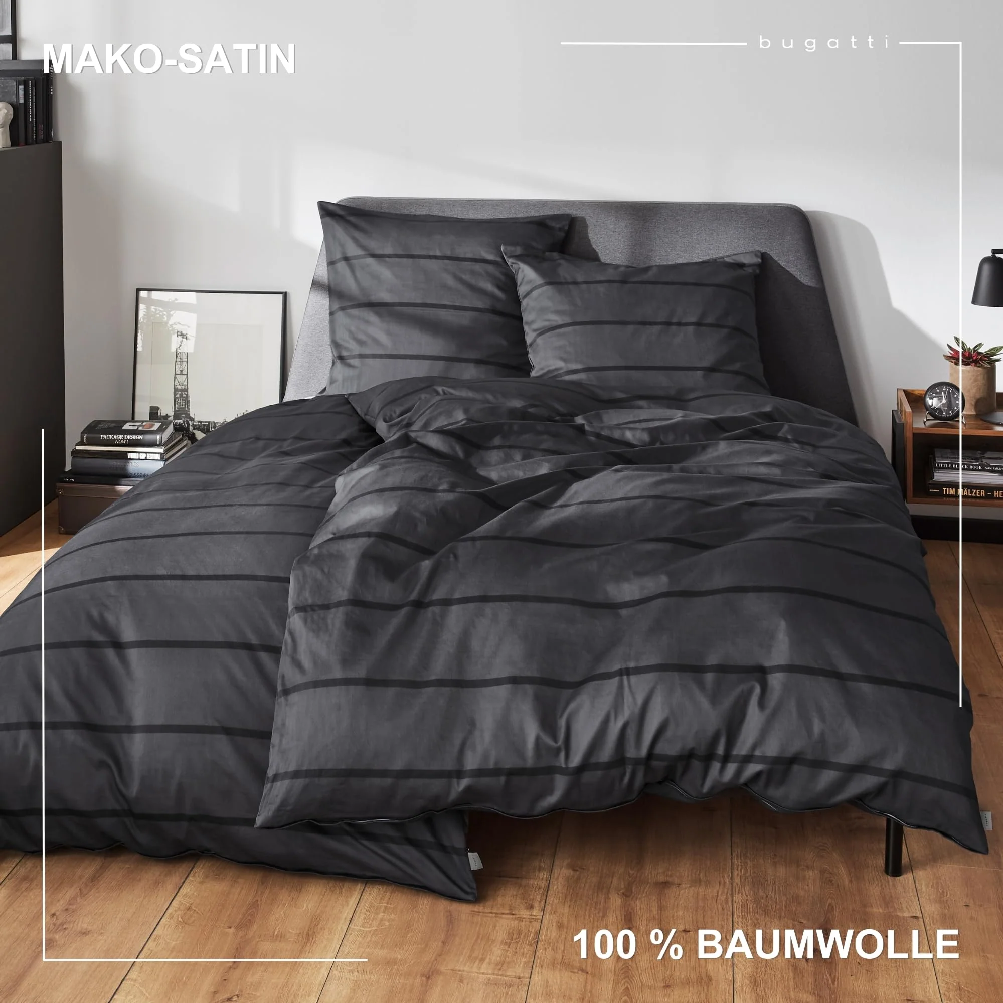 bugatti Bettwäsche 135x200 cm - Satinbettwäsche anthrazit/schwarz, 100% Baumwolle, 2 teilig mit Reißverschluss - Image 2