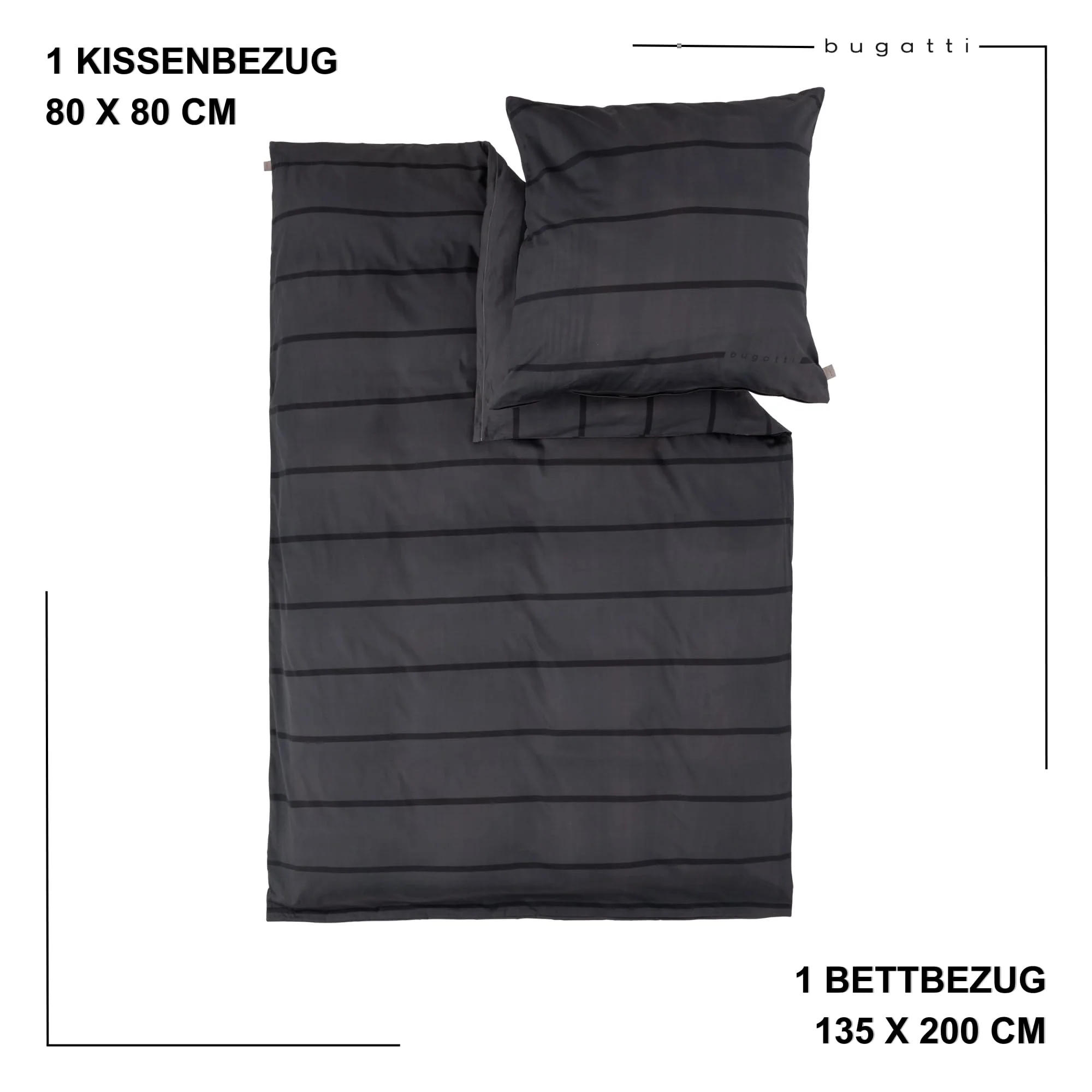 bugatti Bettwäsche 135x200 cm - Satinbettwäsche anthrazit/schwarz, 100% Baumwolle, 2 teilig mit Reißverschluss - Image 5