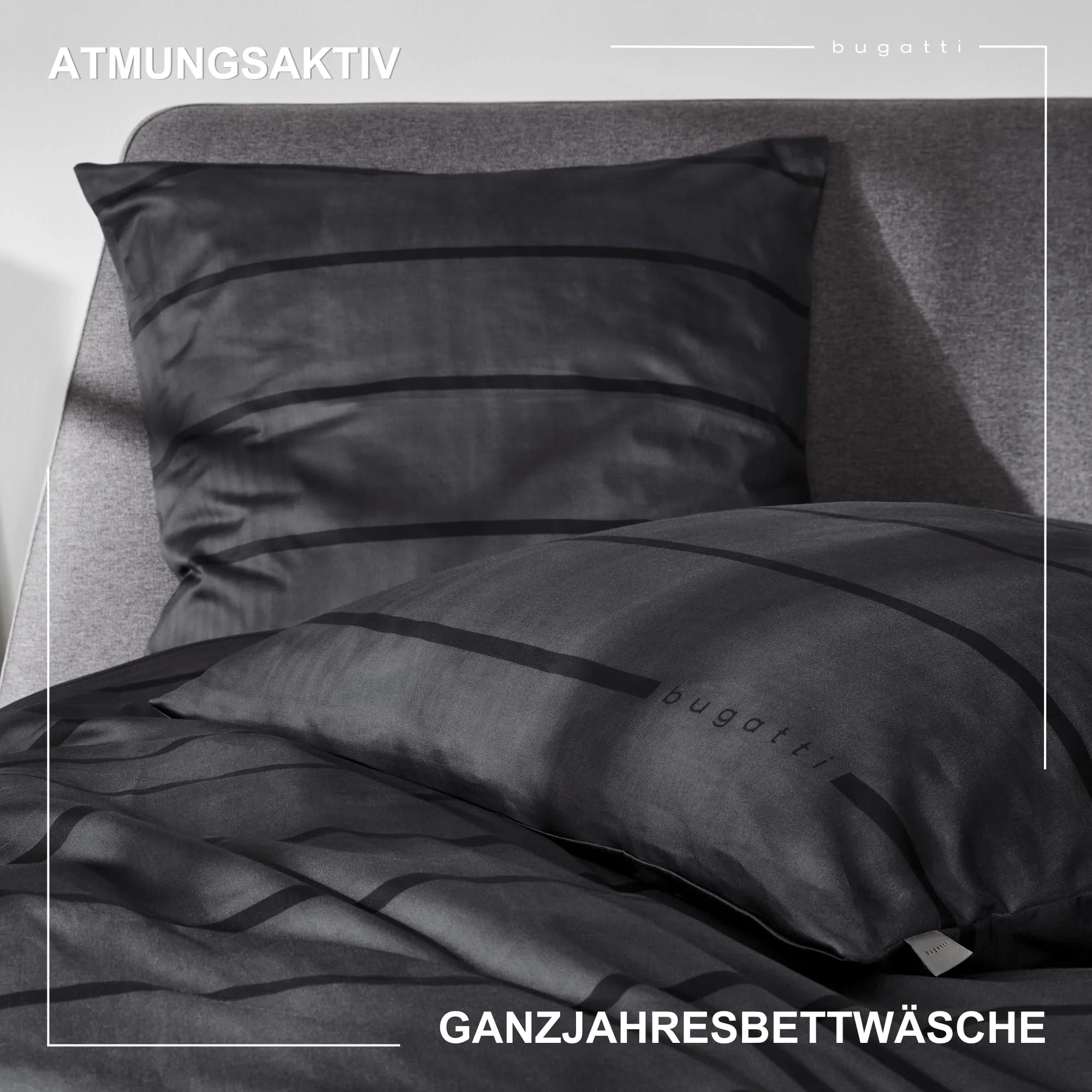 bugatti Bettwäsche 135x200 cm - Satinbettwäsche anthrazit/schwarz, 100% Baumwolle, 2 teilig mit Reißverschluss - Image 6