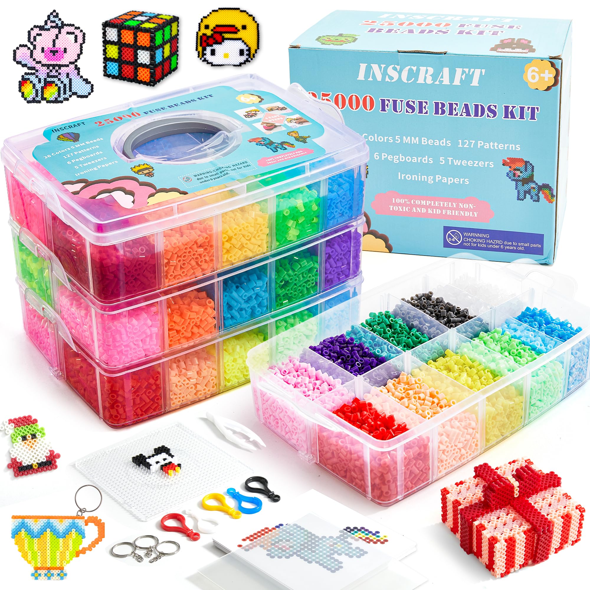 Bügelperlen, Inscraft 25000 teiliges Bügelperlen Set 26 Farben 5 MM, mit 4 großen Steckplatten, 1 Steckplatte in Herz Form, 1 Steckplatten in Blumen Form, Bügelpapier, Pinzette, bügelperlen weihnachte