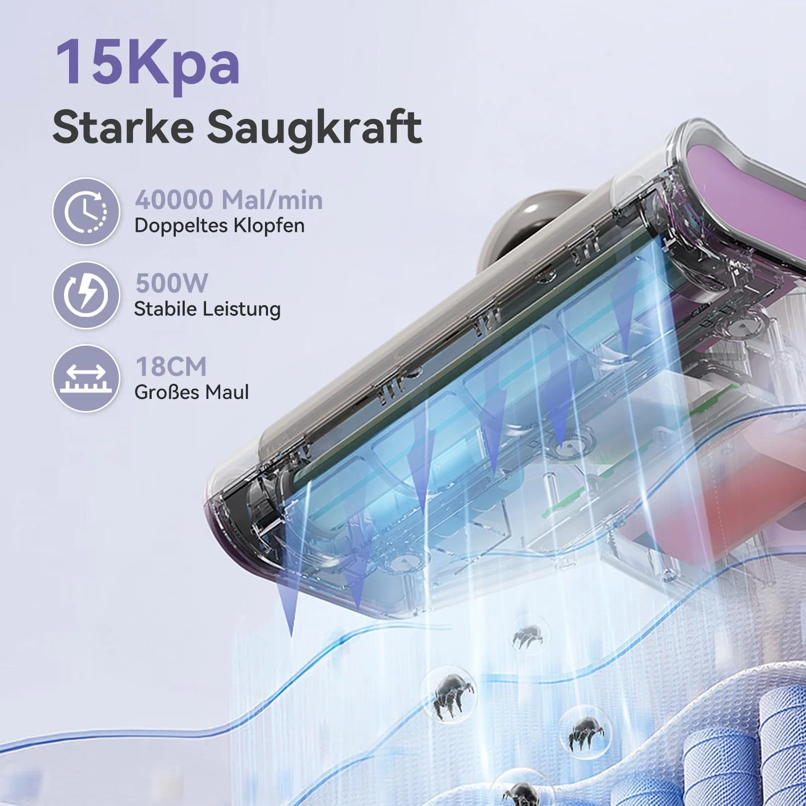 BUICXJKZ Milbensauger für Matratzen, Milbensauger mit UV-Licht 15Kpa Starke Absaugung, 500W Milbenstaubsauger mit LED-Anzeige, Matratzenreiniger für hygienische Reinigung, für Allergiker - Image 5