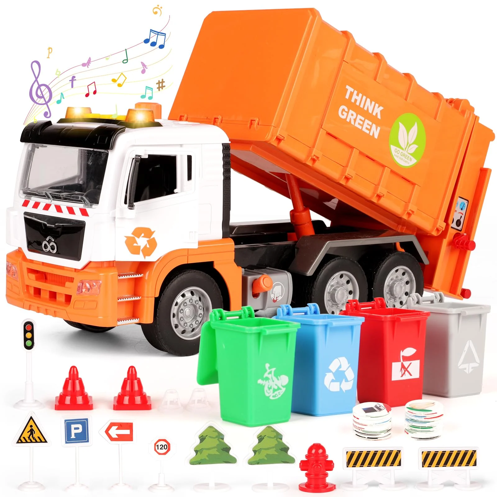 BunnyJOY Müllauto Spielzeug ab 3 4 5 6 Jahre Junge, Große Müllwagen Spielzeug mit Mülltonnen, Spielzeugautos Fahrzeuge, Geschenk Lernspielzeug für Kinder, Orange