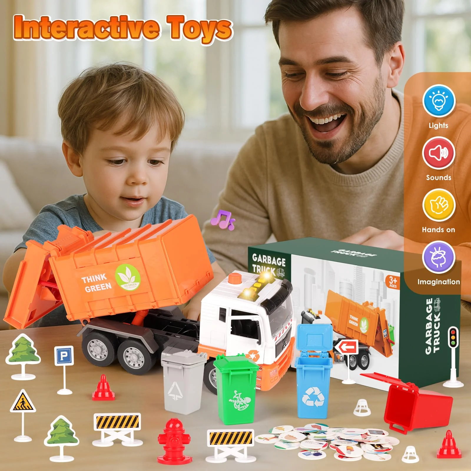 BunnyJOY Müllauto Spielzeug ab 3 4 5 6 Jahre Junge, Große Müllwagen Spielzeug mit Mülltonnen, Spielzeugautos Fahrzeuge, Geschenk Lernspielzeug für Kinder, Orange - Image 3
