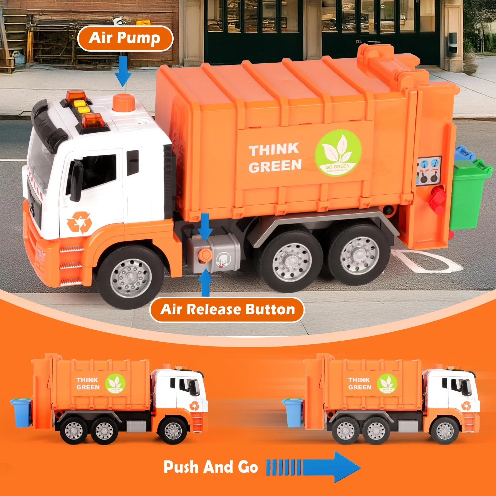 BunnyJOY Müllauto Spielzeug ab 3 4 5 6 Jahre Junge, Große Müllwagen Spielzeug mit Mülltonnen, Spielzeugautos Fahrzeuge, Geschenk Lernspielzeug für Kinder, Orange - Image 6