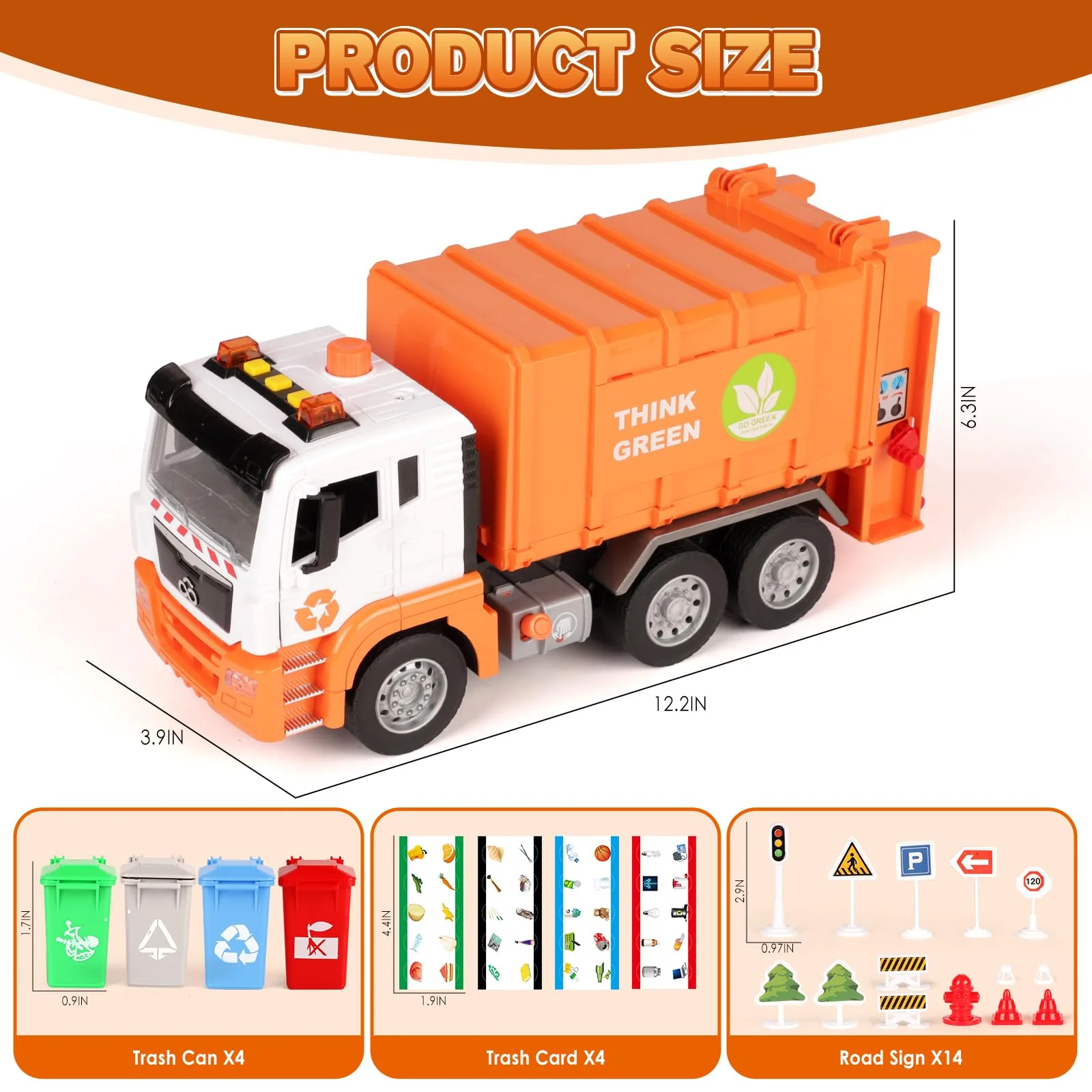 BunnyJOY Müllauto Spielzeug ab 3 4 5 6 Jahre Junge, Große Müllwagen Spielzeug mit Mülltonnen, Spielzeugautos Fahrzeuge, Geschenk Lernspielzeug für Kinder, Orange - Image 8