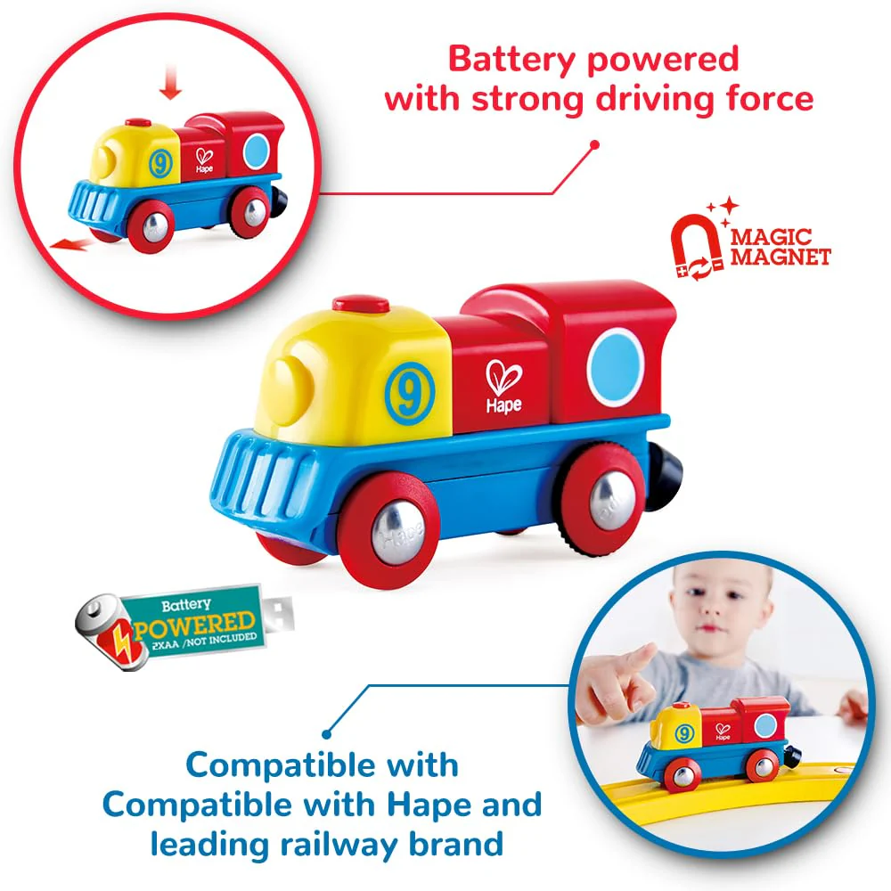 Bunte Lok von Hape | Tapfere kleine Lokomotive von Hape mit EIN-/Ausschaltknopf, außergewöhnliche, batteriebetriebene Lokomotive, Lackierung in rot, gelb und blau - Image 4