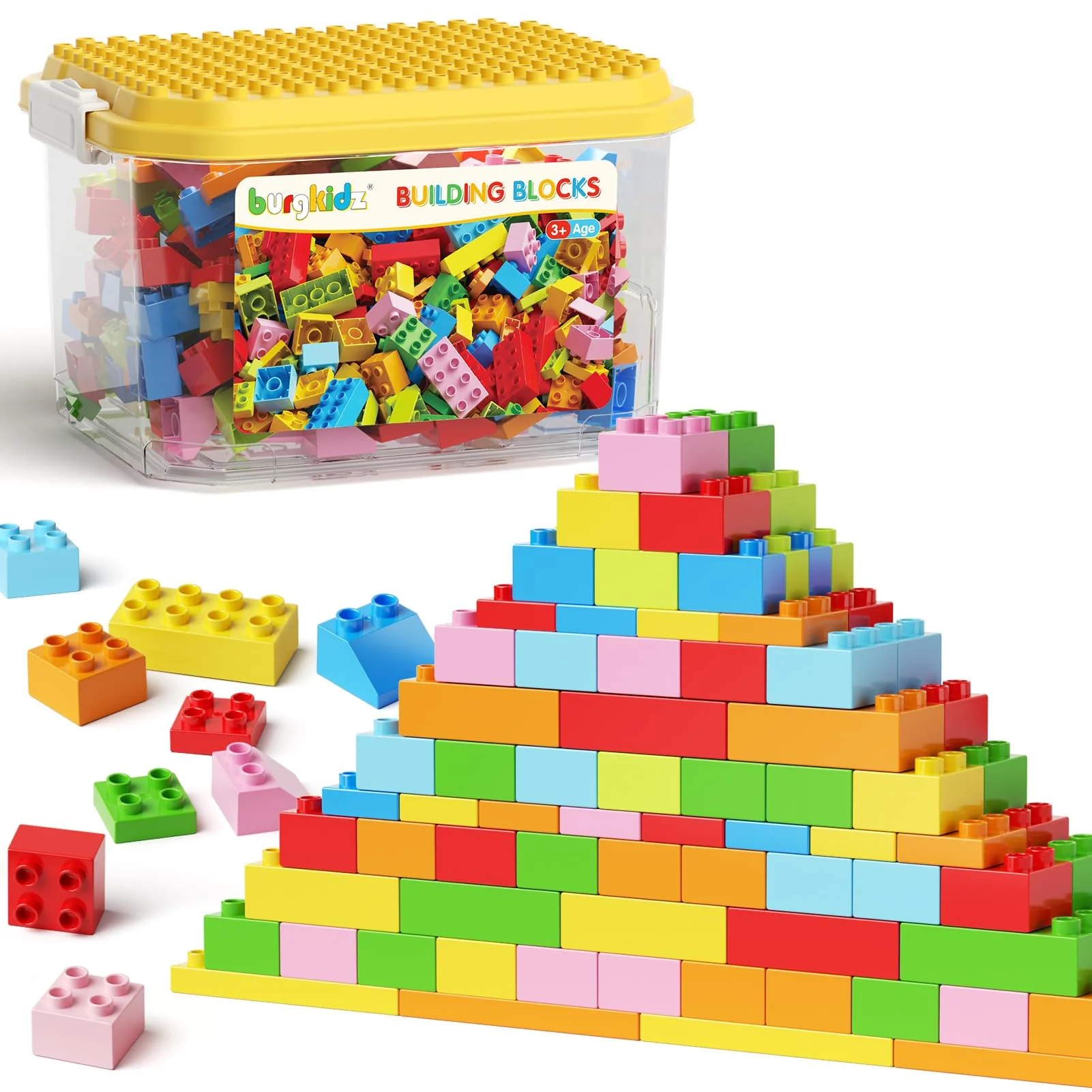 burgkidz Bausteine, 150 Farbenfrohe große Kreative Bauklötze mit Aufbewahrungsbox, die Kinder zum Bauen Anregen Zahlen und Alphabet, Konstruktionsspielzeug für Jungen Mädchen ab 3+ Jahre